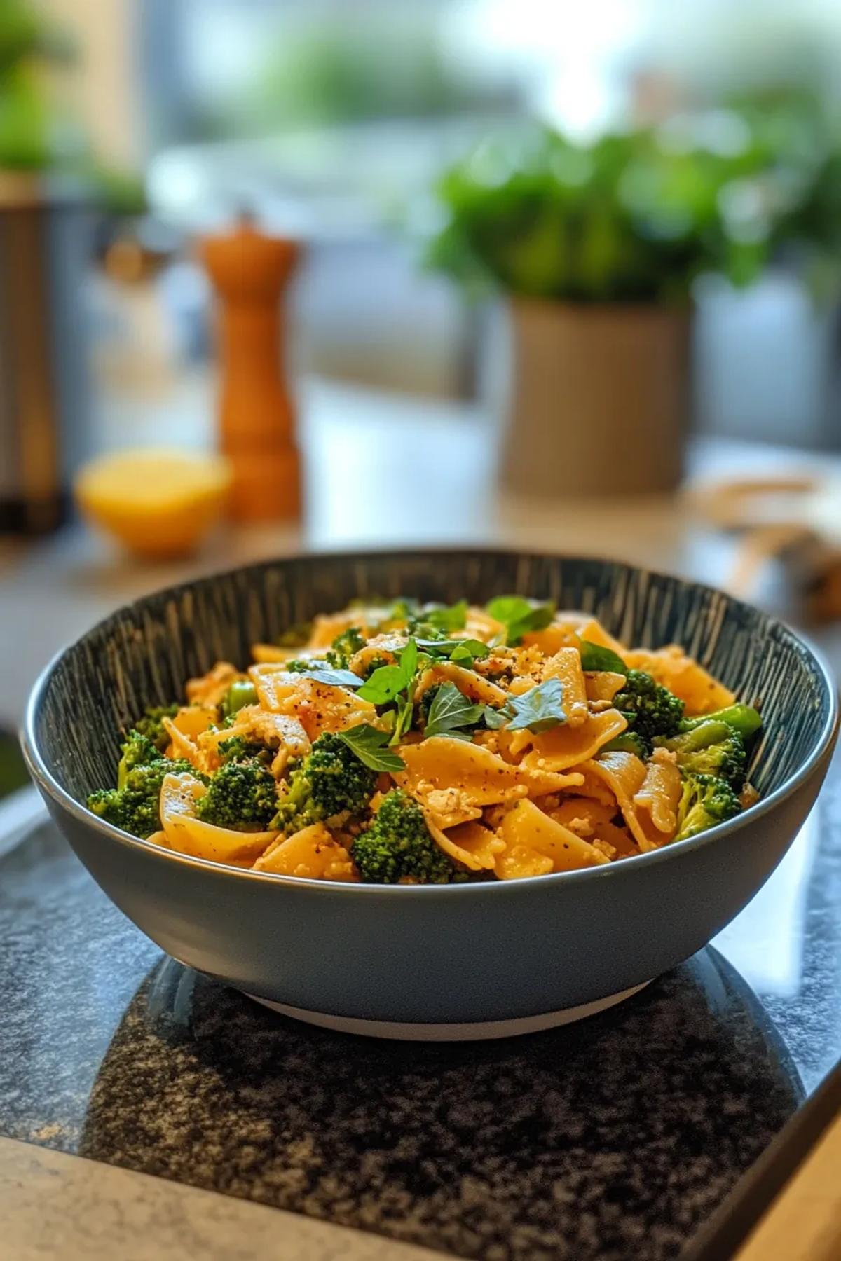 A vibrant bowl of one pot broccoli pasta vegan, featuring tender broccoli, al dente pasta, and a sprinkle of fresh herbs, all beautifully plated.