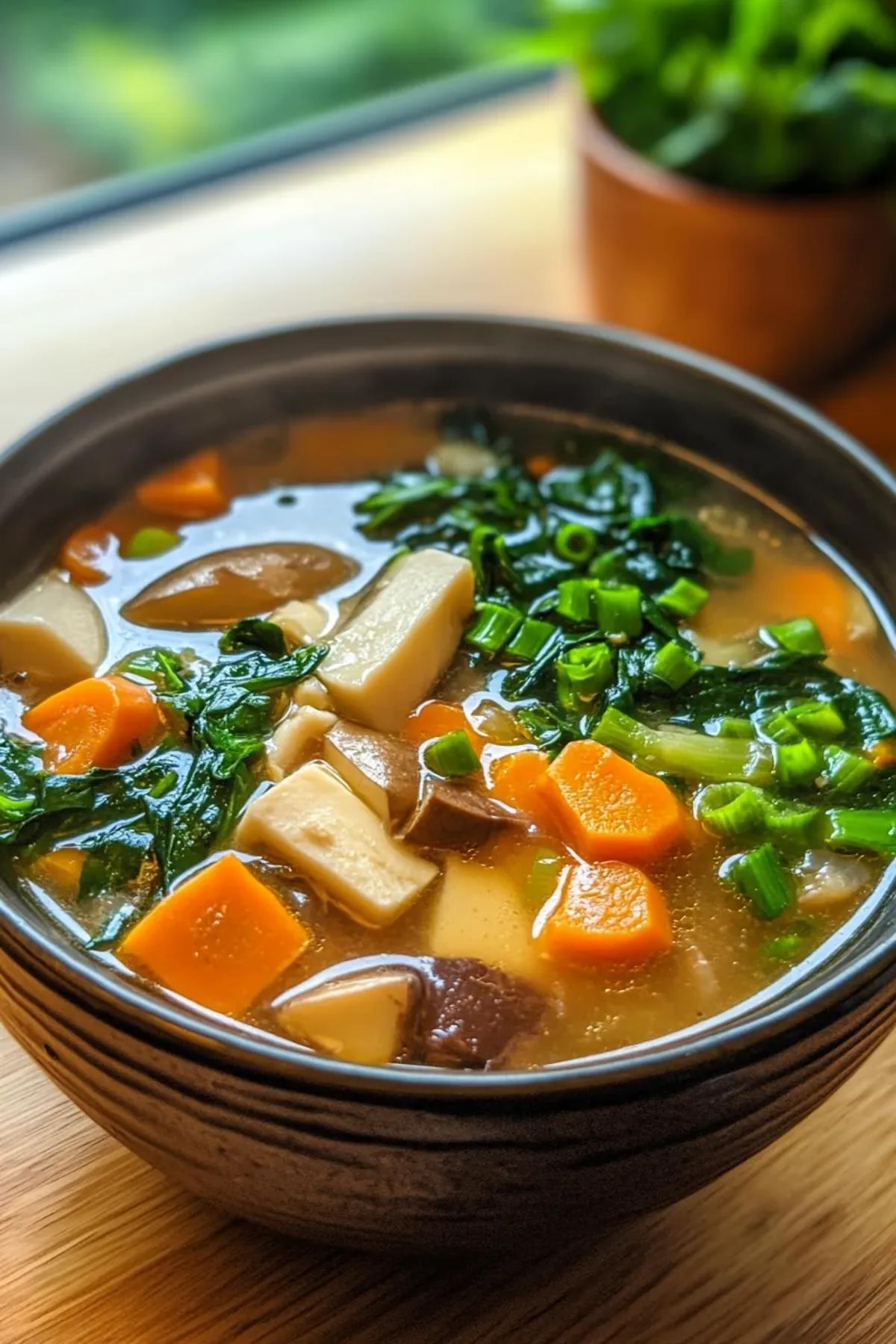 A steaming bowl of slow cooker miso broth with vibrant seasonal vegetables, showcasing fresh greens, colorful carrots, and a rich, savory liquid in a rustic ceramic bowl. card