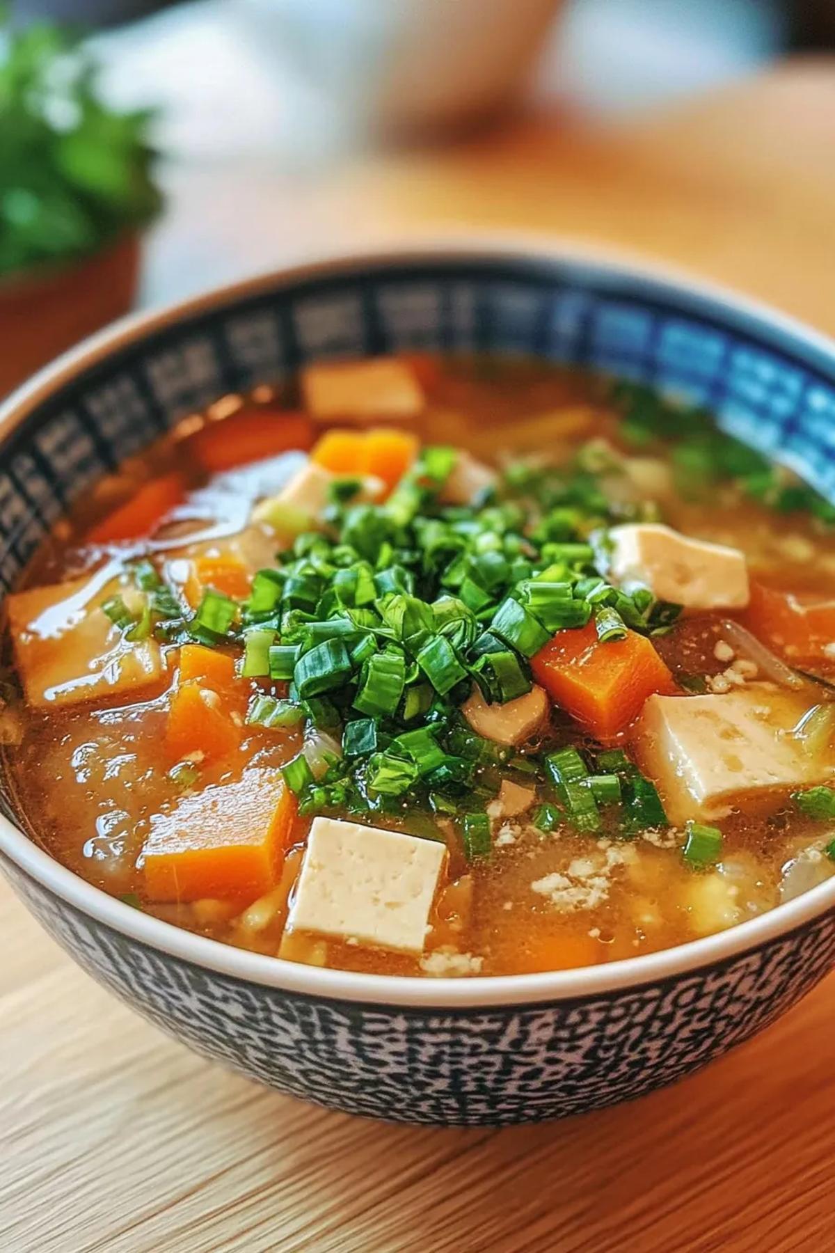 A steaming bowl of slow cooker miso broth with vibrant seasonal vegetables, showcasing fresh greens, colorful carrots, and a rich, savory liquid in a rustic ceramic bowl.