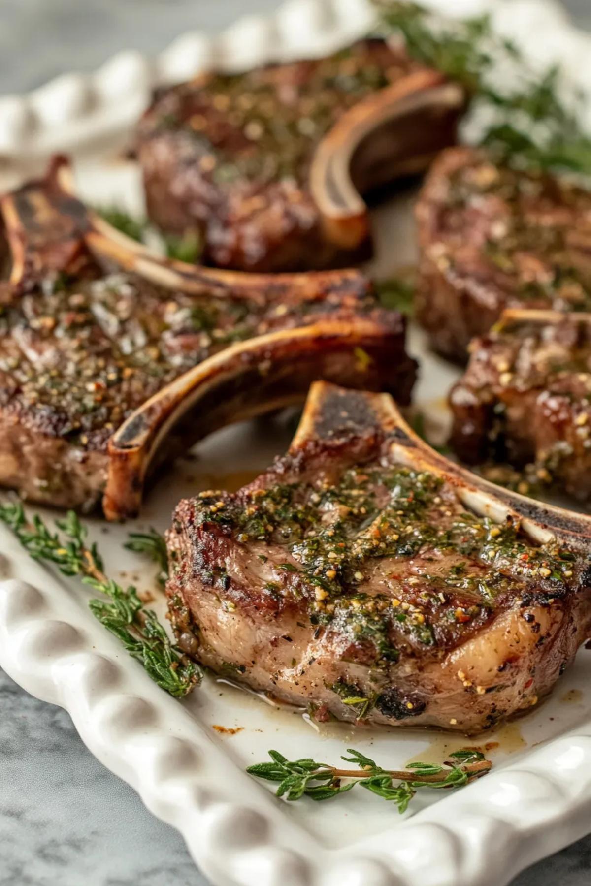 Golden-brown, herb-crusted lamb chops served with vibrant roasted vegetables. card