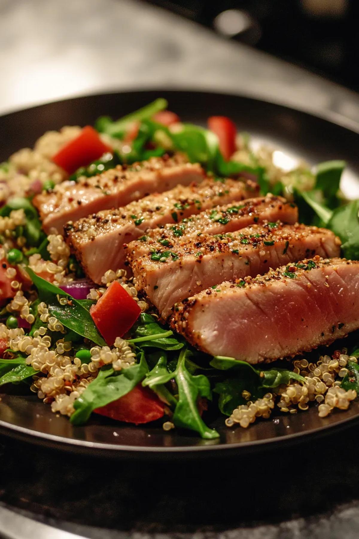 Herb-crusted tuna fillet served alongside a vibrant quinoa salad with fresh herbs and lemon. card