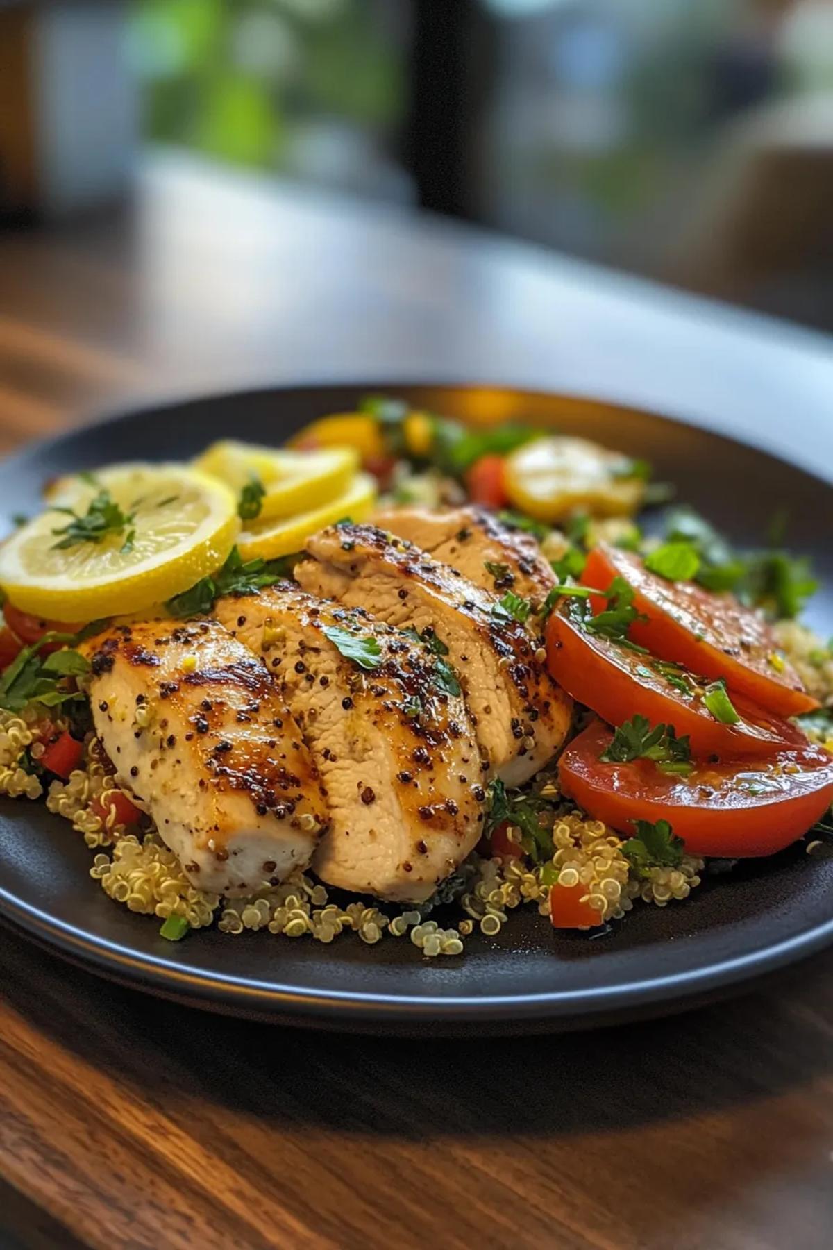 Herb-infused lemon chicken served with a colorful quinoa salad in a rustic wooden bowl. card