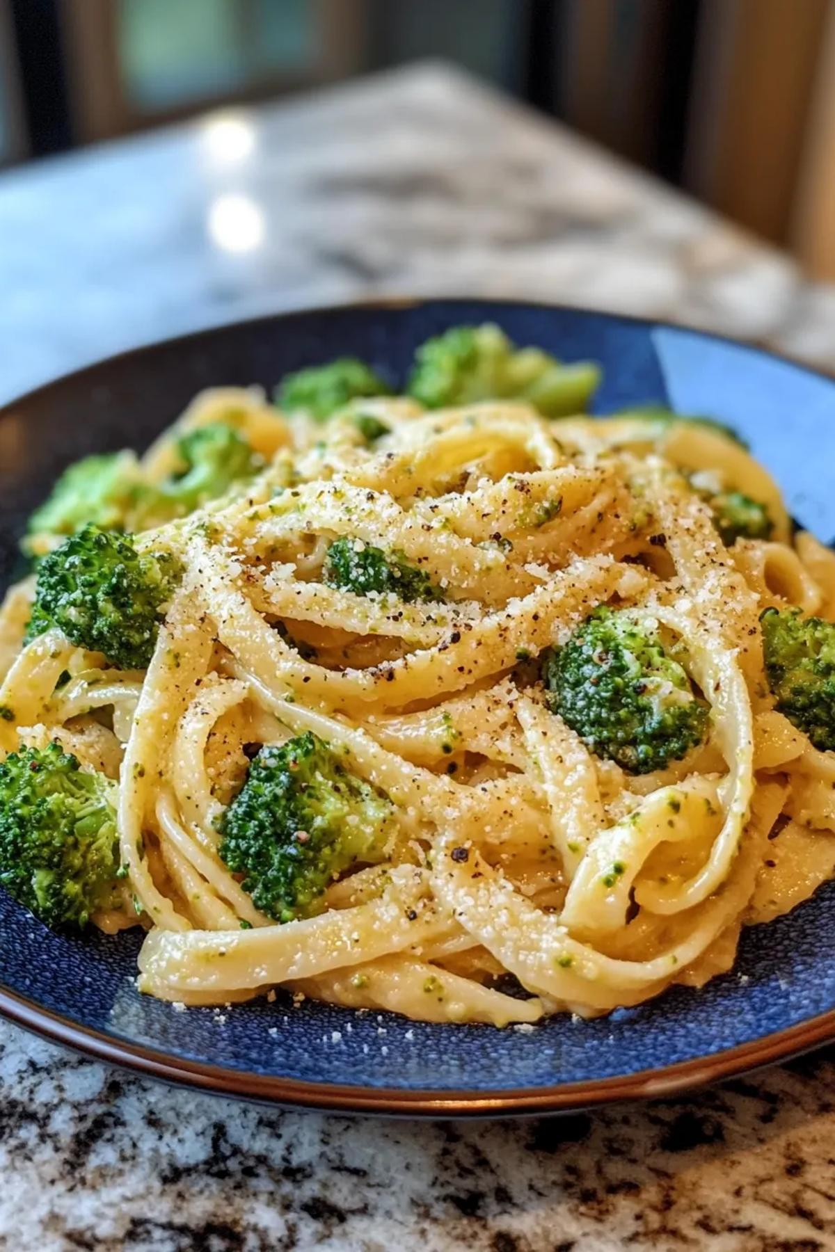 High protein broccoli pasta served in a rustic bowl, topped with freshly grated parmesan and vibrant green broccoli florets. card