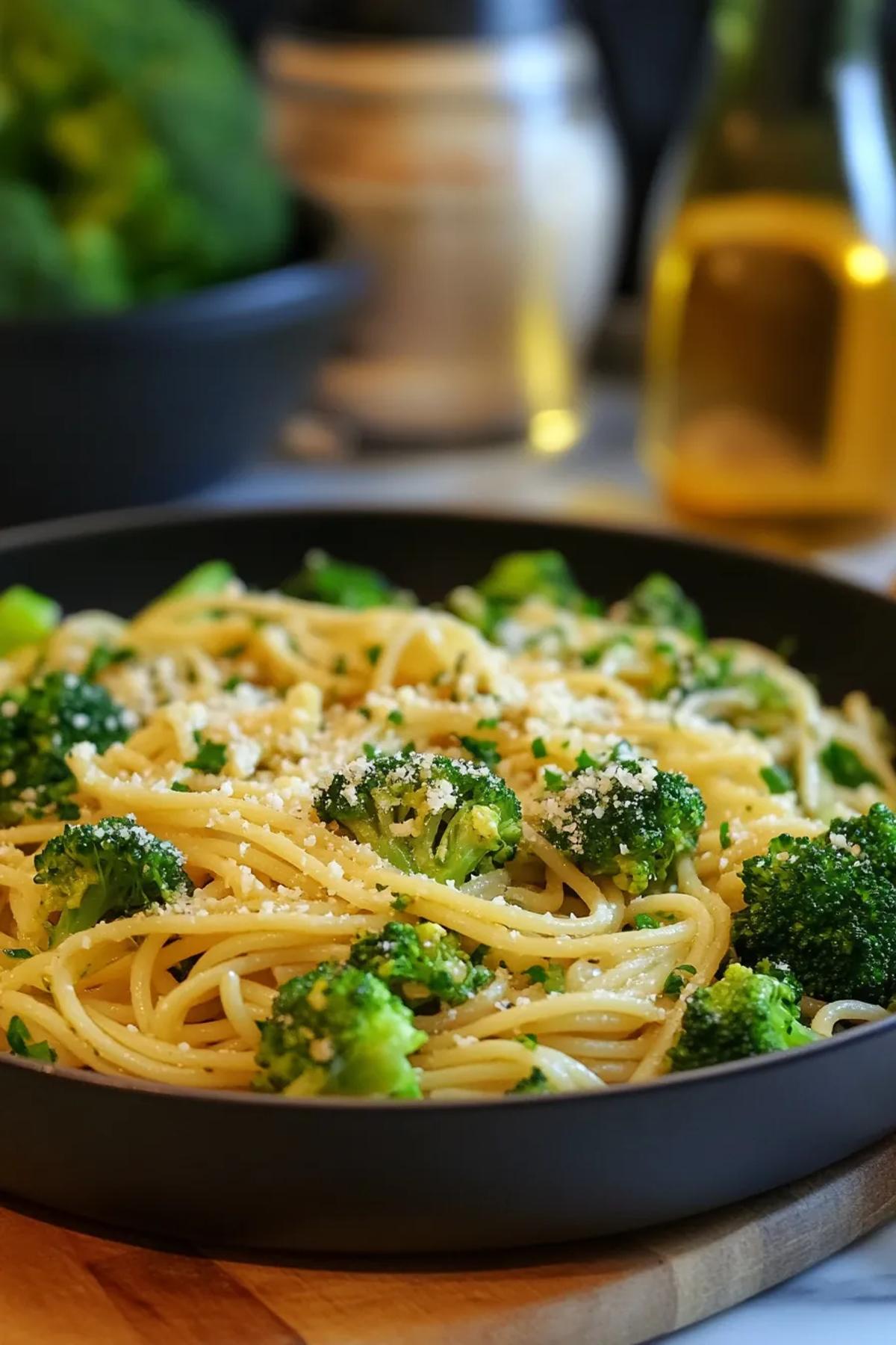 High protein broccoli pasta served in a rustic bowl, topped with freshly grated parmesan and vibrant green broccoli florets.
