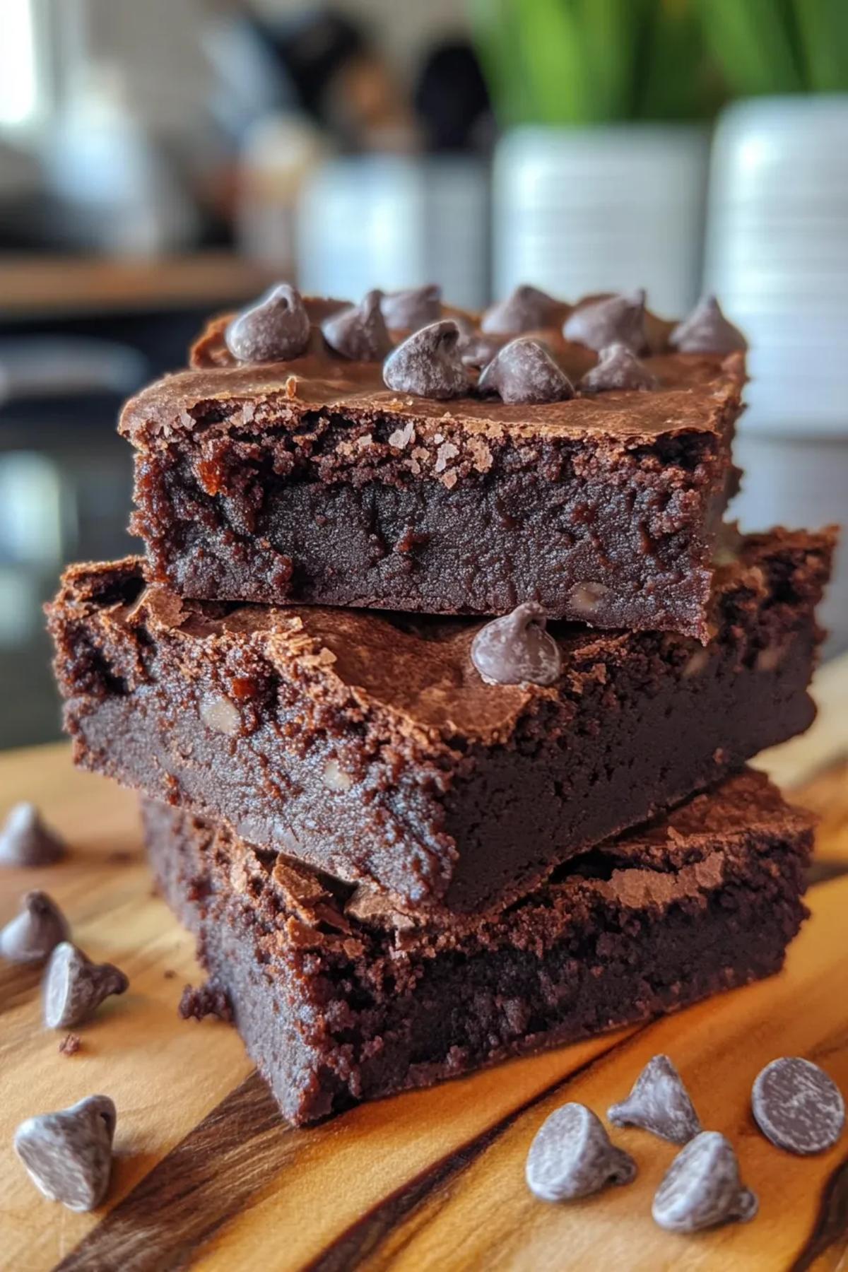 Rich and fudgy high protein sweet potato brownies, topped with a sprinkle of sea salt, served on a rustic wooden board with a backdrop of vibrant green leaves. card