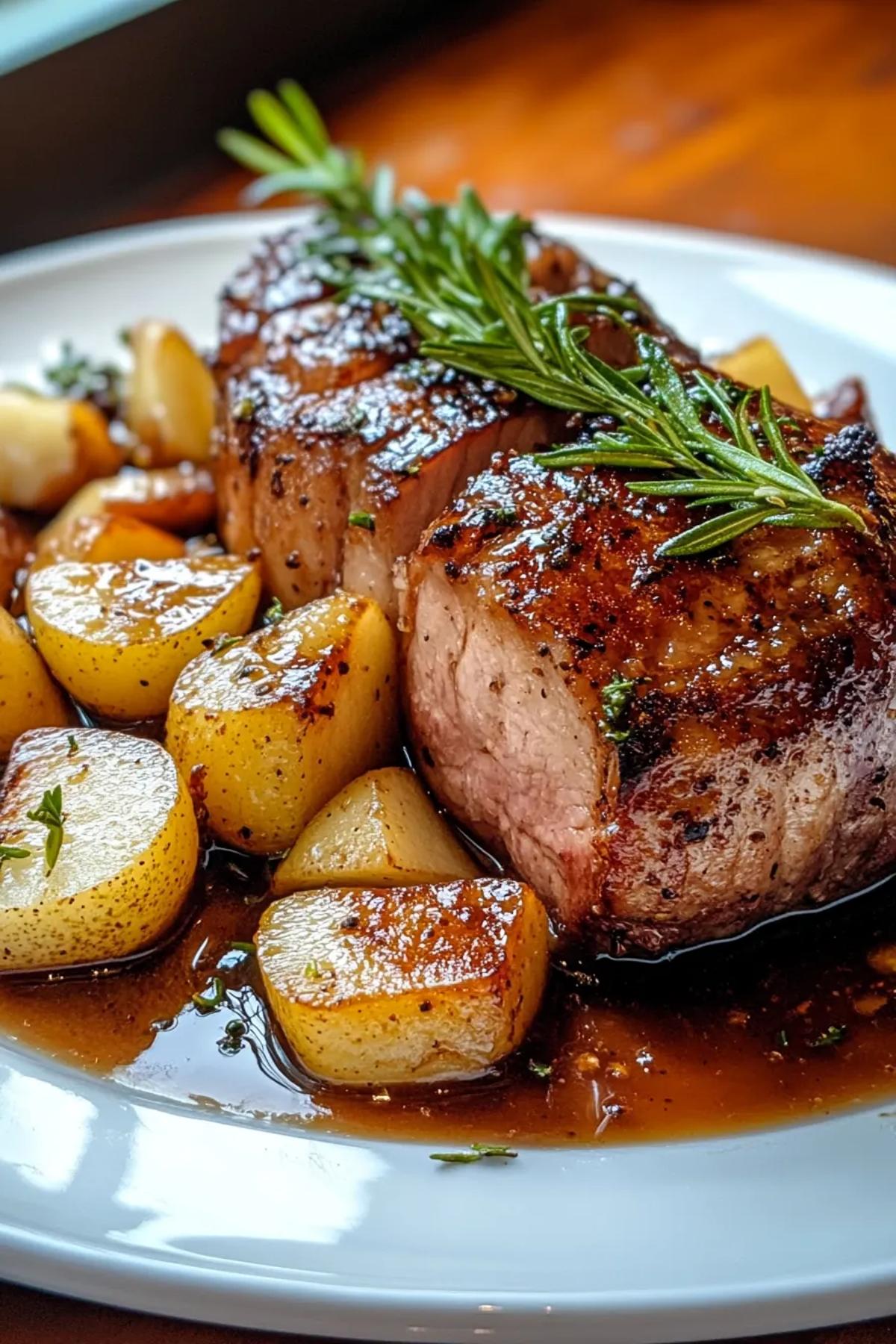 Slices of honey-glazed pork tenderloin topped with pear compote on a rustic wooden board. card
