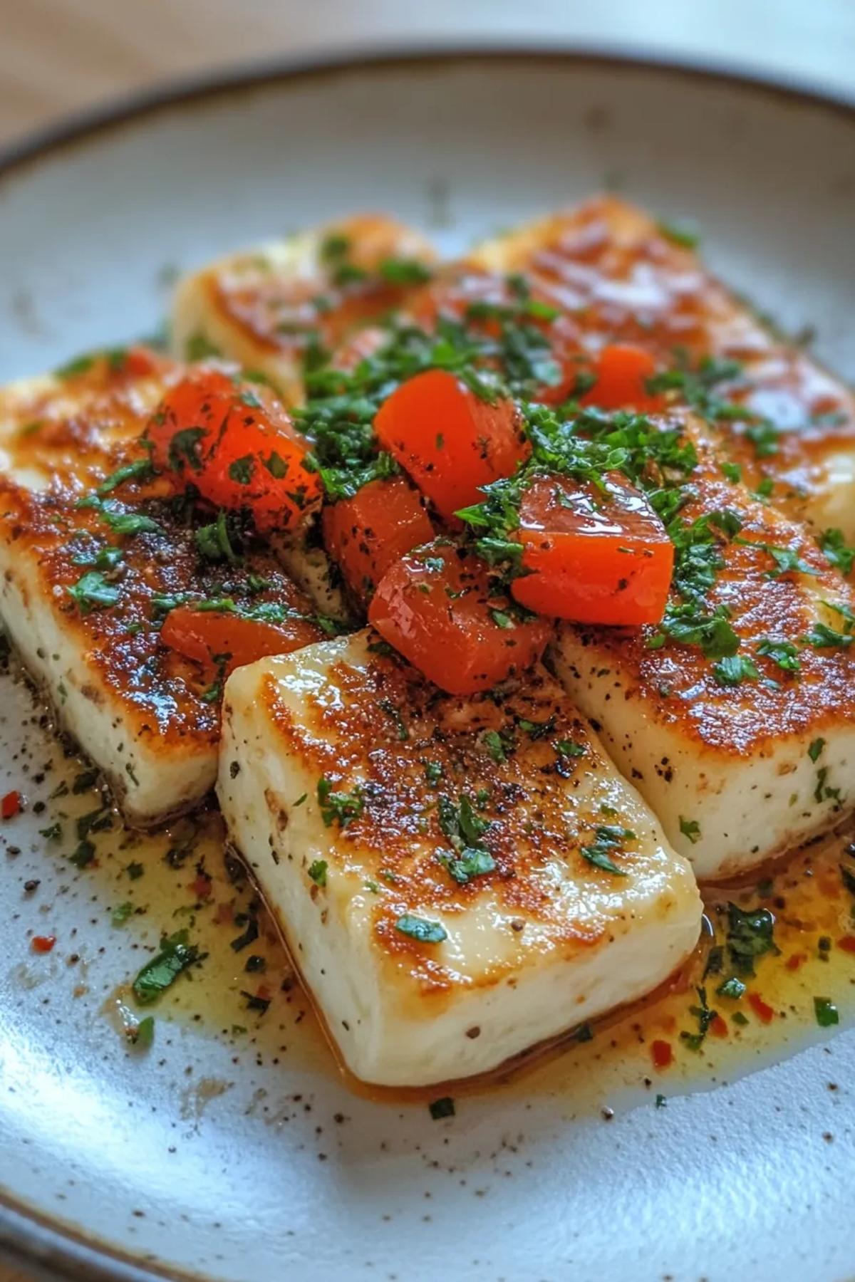 Crispy fried halloumi slices served with a tangy lemon wedge and fresh herbs, creating a beautiful contrast of textures and colors. card
