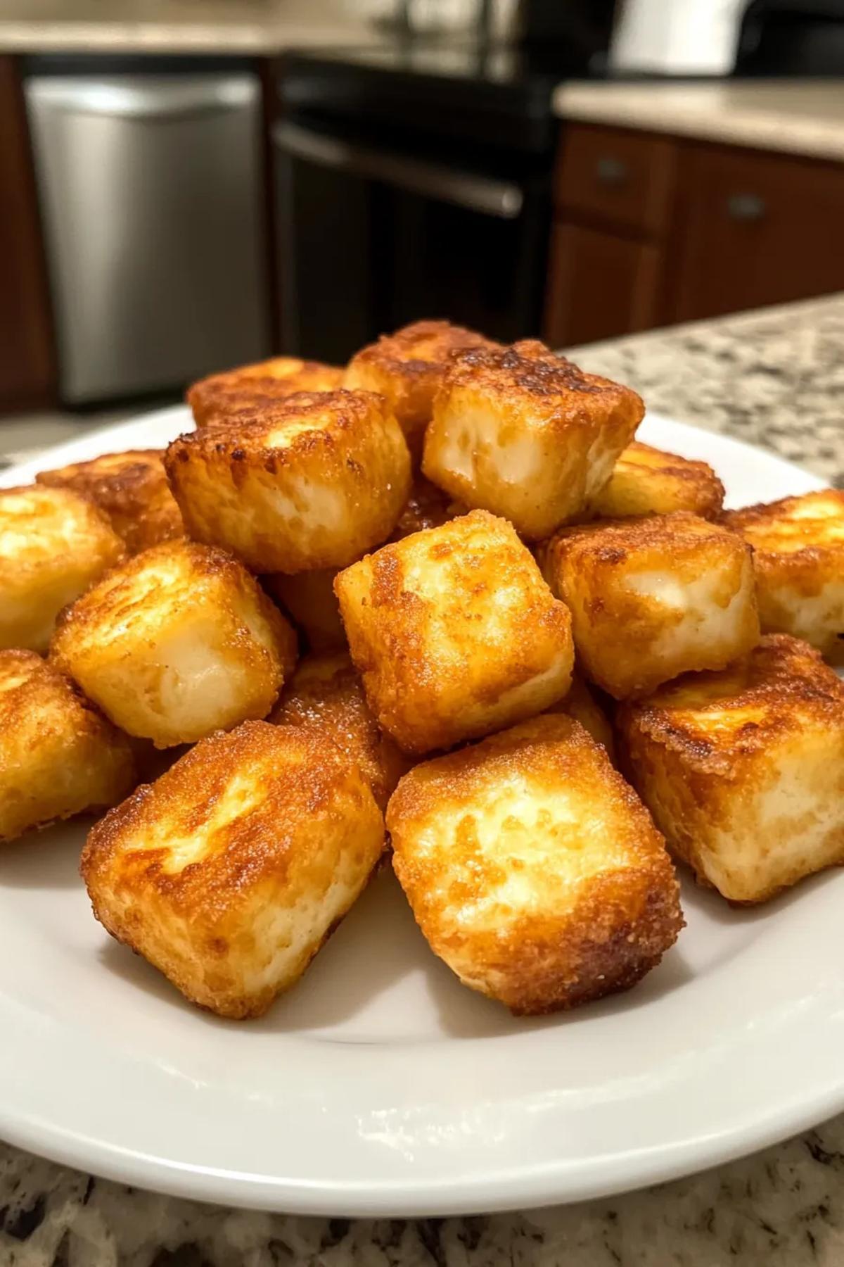 Golden-brown crispy air fryer halloumi bites served on a rustic platter with a side of tangy dipping sauce and fresh herbs, enticingly arranged to highlight their crunchy texture. card