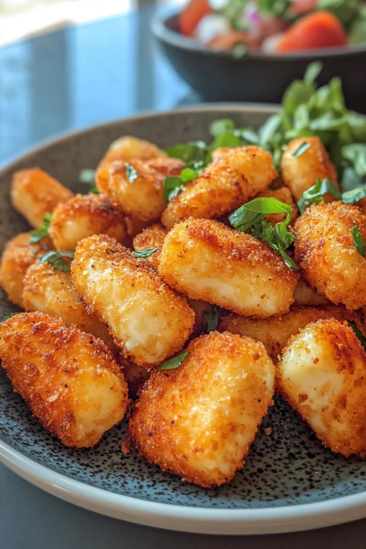 Golden-brown crispy air fryer halloumi bites served on a rustic platter with a side of tangy dipping sauce and fresh herbs, enticingly arranged to highlight their crunchy texture.