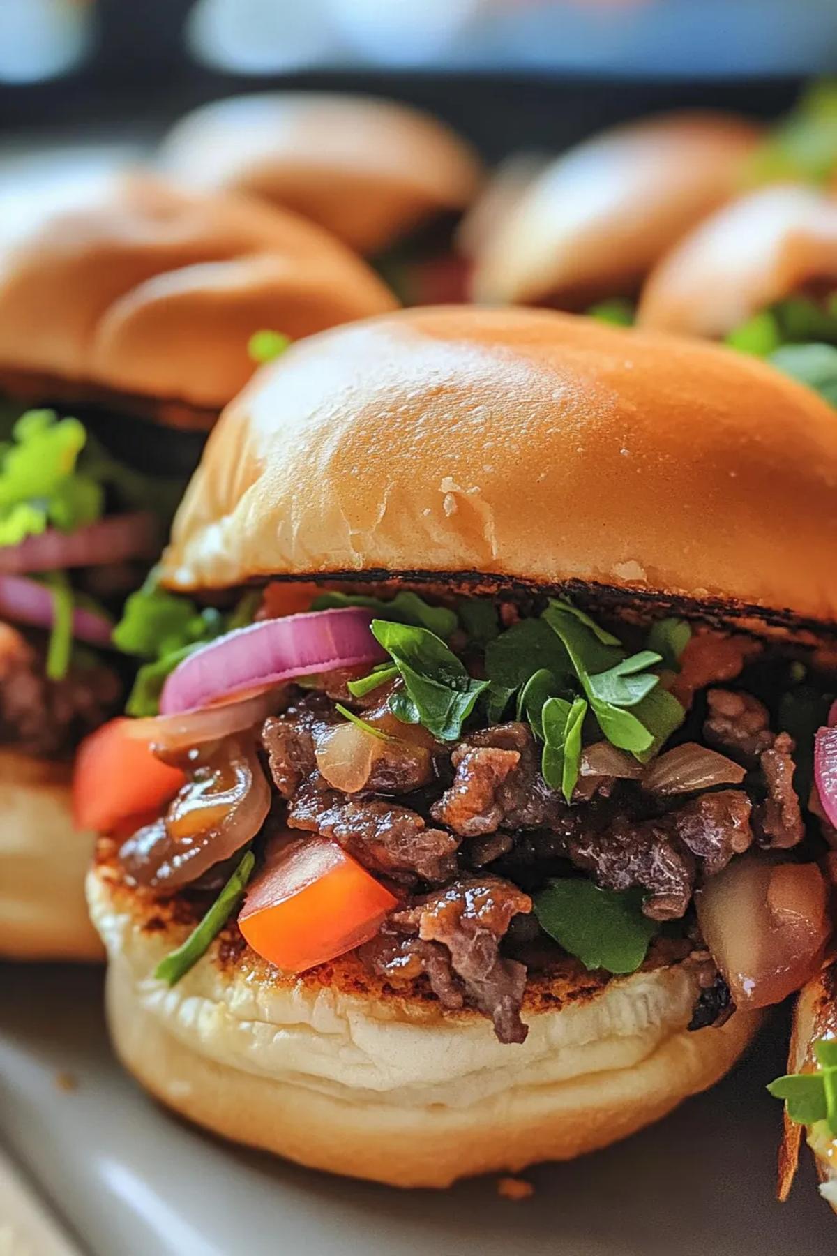Juicy beef and veggie sliders with melted cheese and mini buns, served on a wooden board. card