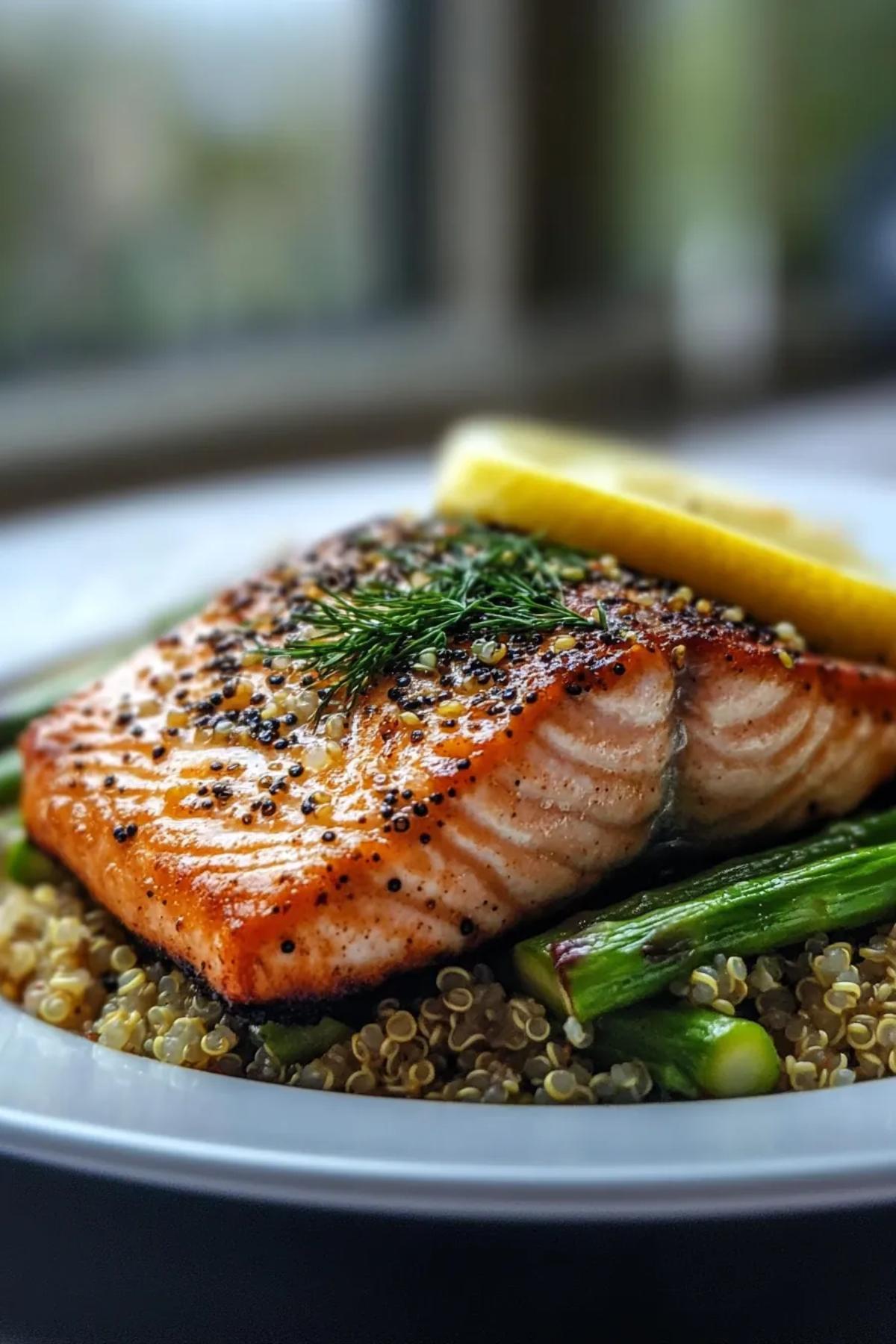 Lemon-Dill Salmon resting on a bed of fluffy quinoa with bright green asparagus spears. card