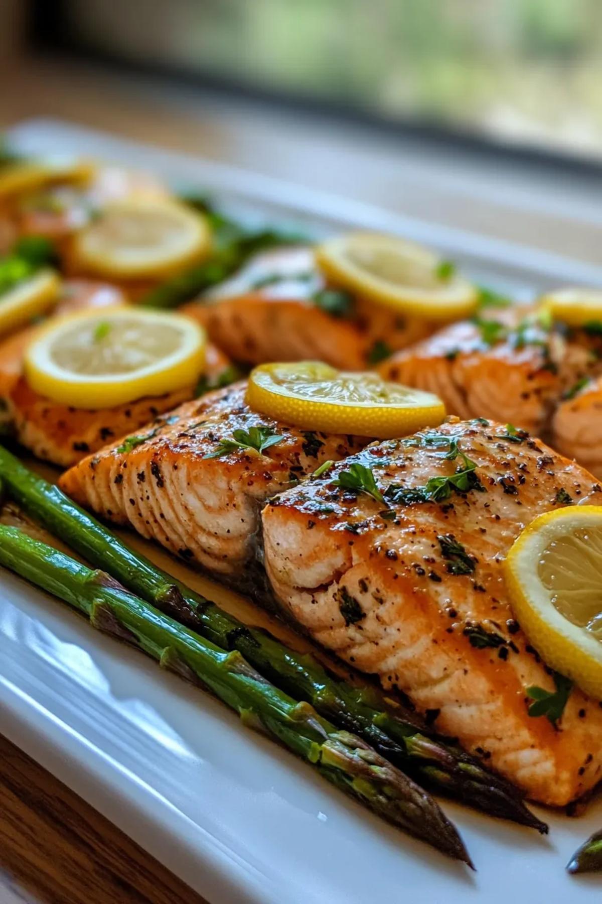 Baked salmon fillet garnished with lemon slices and fresh herbs, served alongside roasted asparagus. card