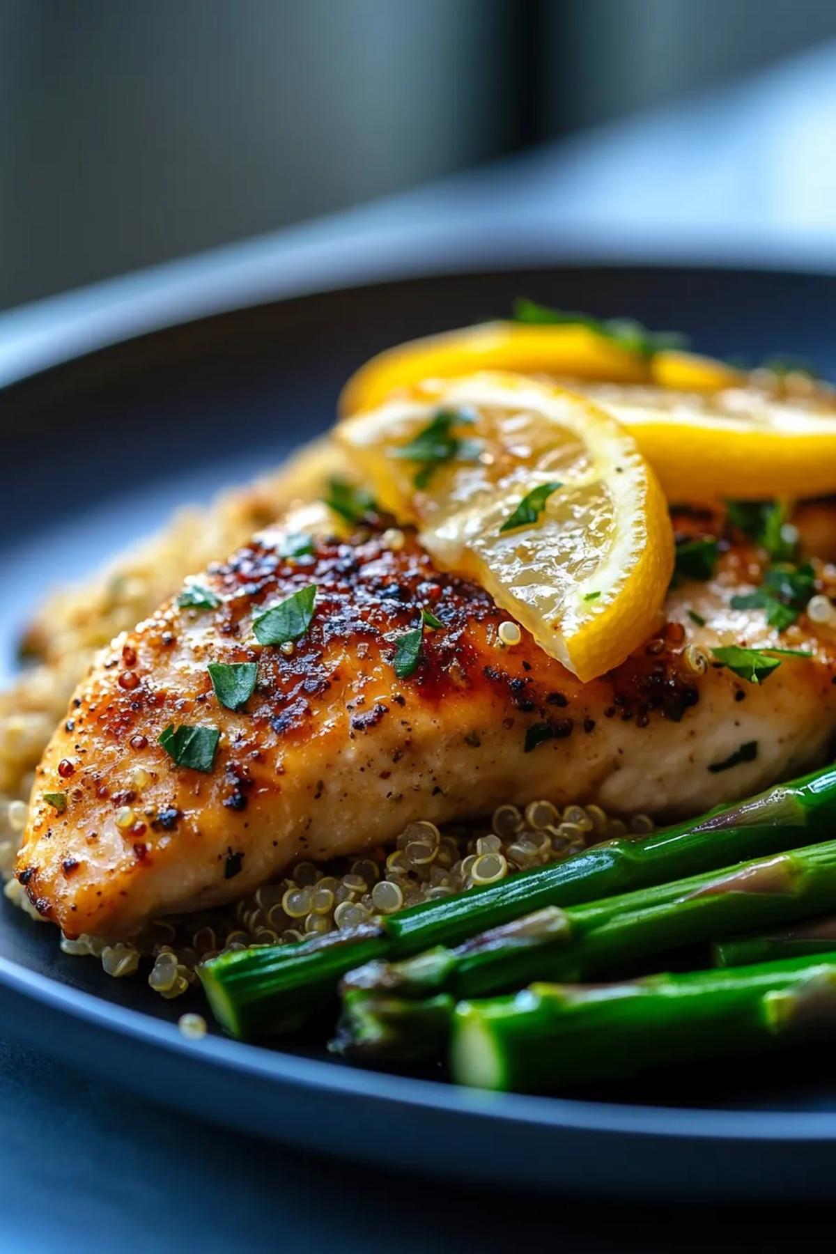 Grilled lemon herb chicken served with quinoa and asparagus on a white plate. card
