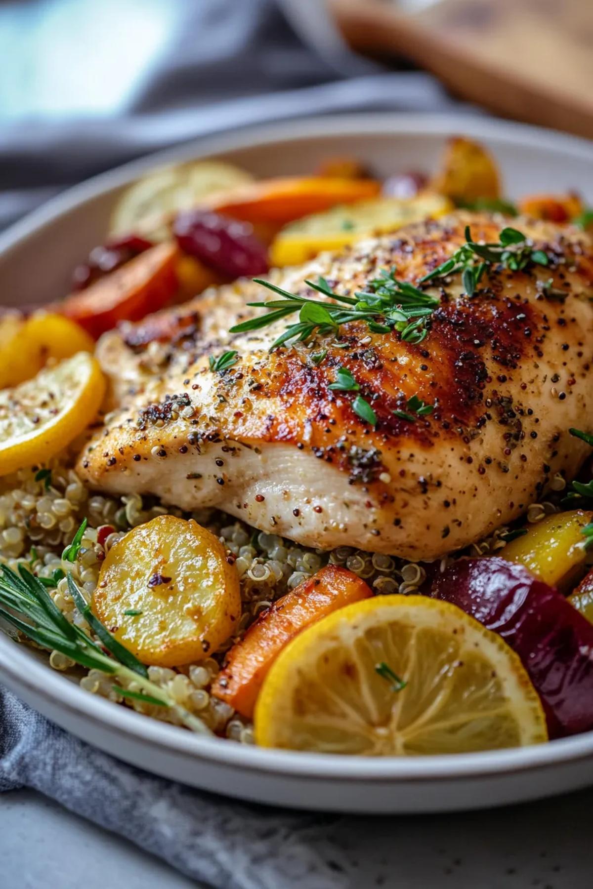 Juicy lemon herb chicken served with fluffy quinoa and colorful roasted vegetables on a white plate. card