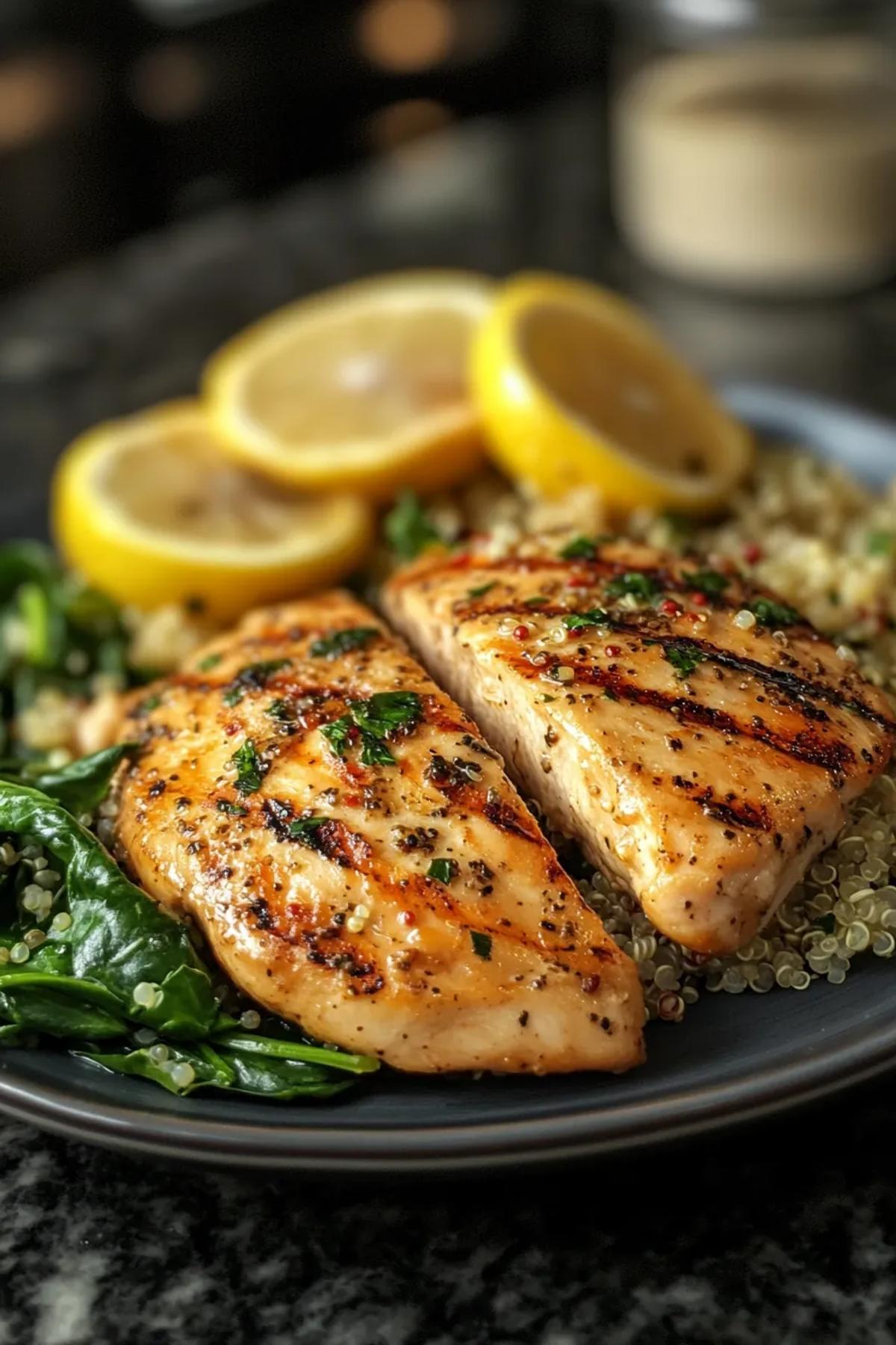 Juicy lemon herb grilled chicken served with fluffy quinoa and vibrant spinach. card