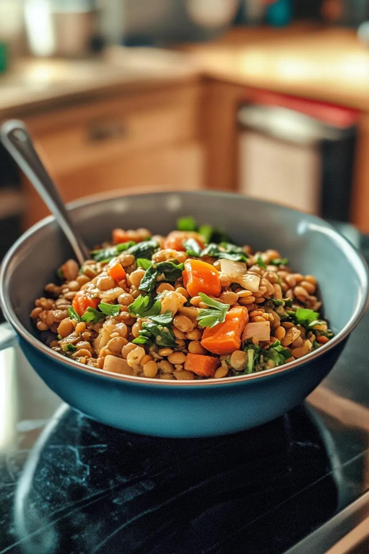 A vibrant bowl of lentil veggie medley with colorful vegetables perfect for toddlers. card