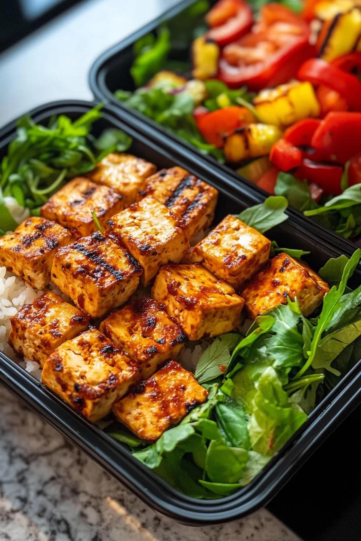 A vibrant low carb tofu meal prep dish with golden-crusted tofu cubes, colorful vegetables, and a sprinkle of fresh herbs on a rustic plate. card