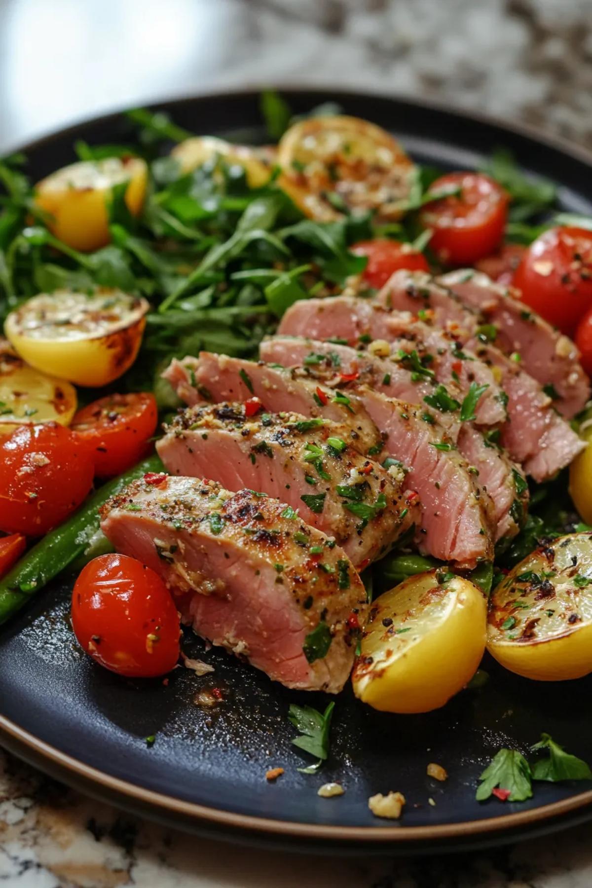 Colorful Mediterranean healthy tuna meal prep with quinoa and fresh vegetables card