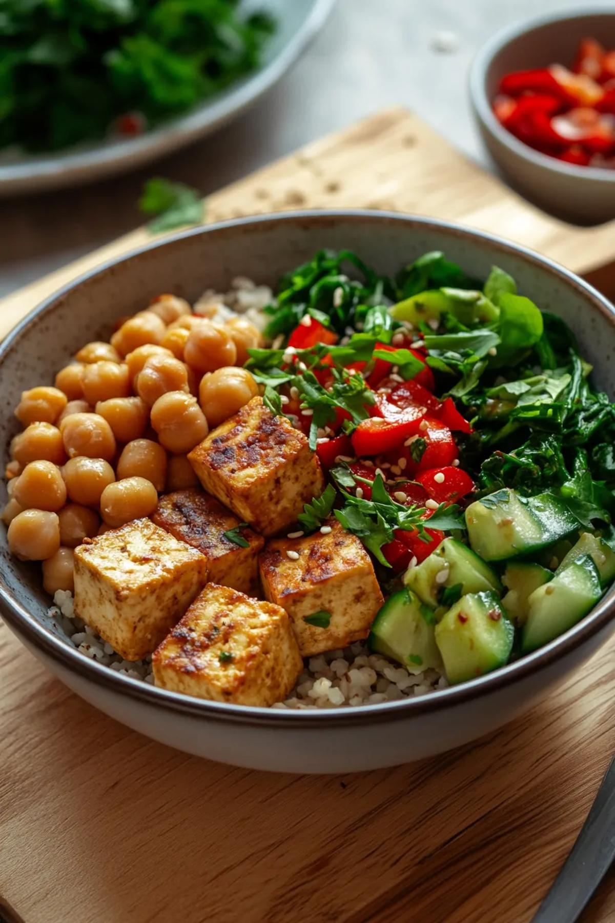 A vibrant high protein tofu meal featuring crispy tofu cubes, roasted chickpeas, and colorful vegetables on a ceramic plate, garnished with fresh herbs. card