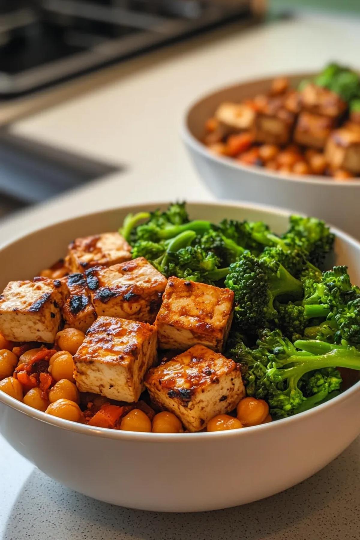 A vibrant high protein tofu meal featuring crispy tofu cubes, roasted chickpeas, and colorful vegetables on a ceramic plate, garnished with fresh herbs.