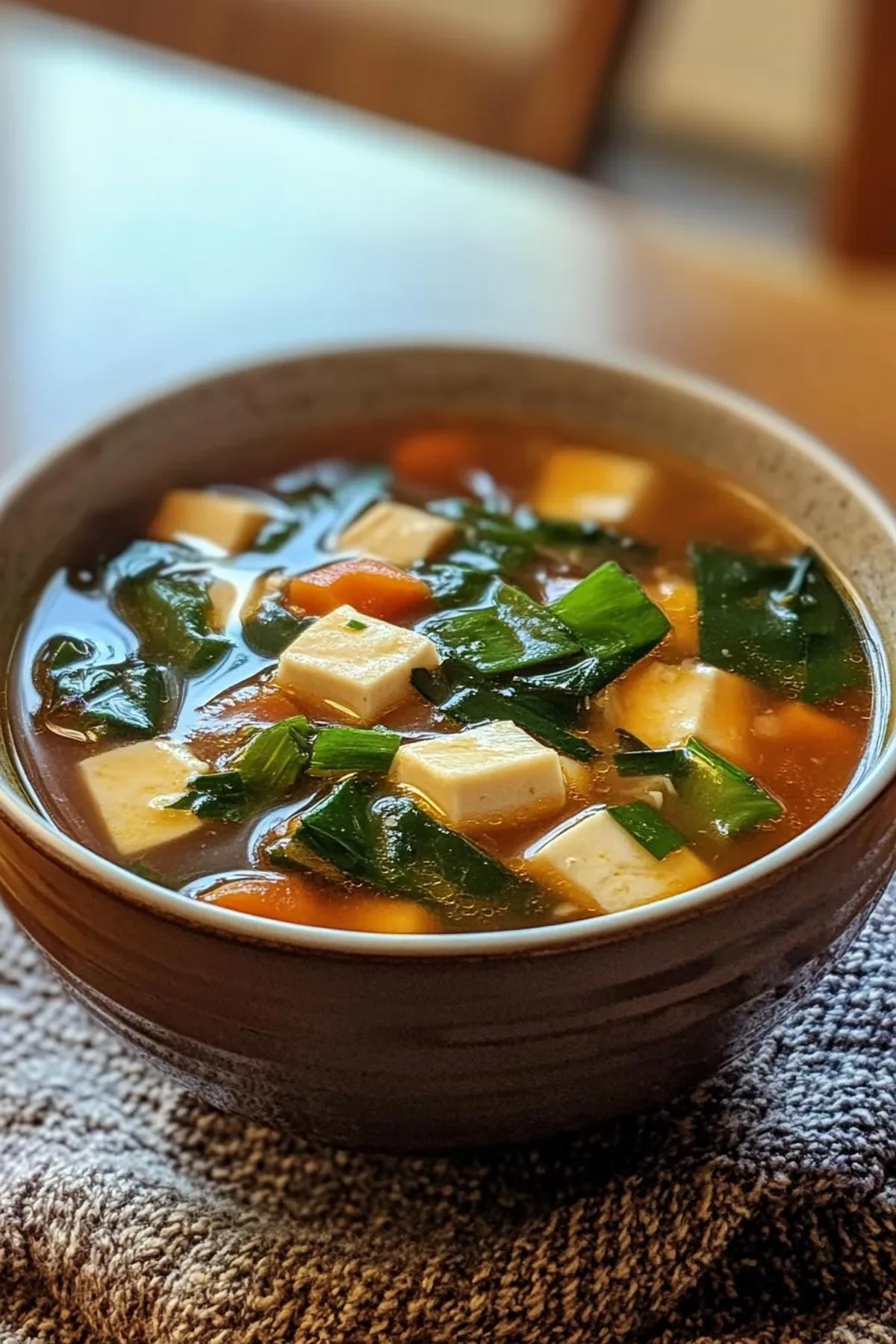 A bowl of slow cooker miso soup brimming with tofu, seaweed, and fresh green onions, showcasing vibrant colors and delicate textures.