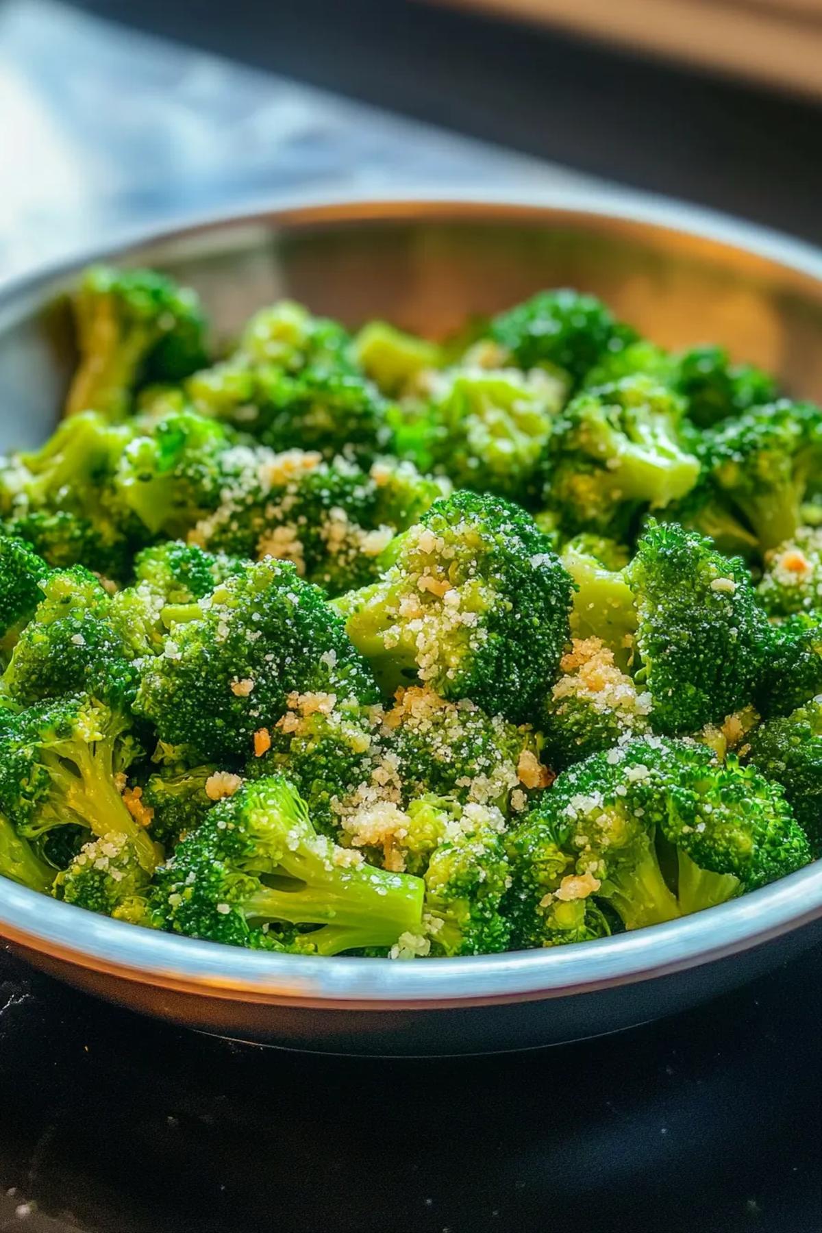 One-pan garlic butter broccoli garnished with lemon zest and chili flakes in a cast iron skillet. card