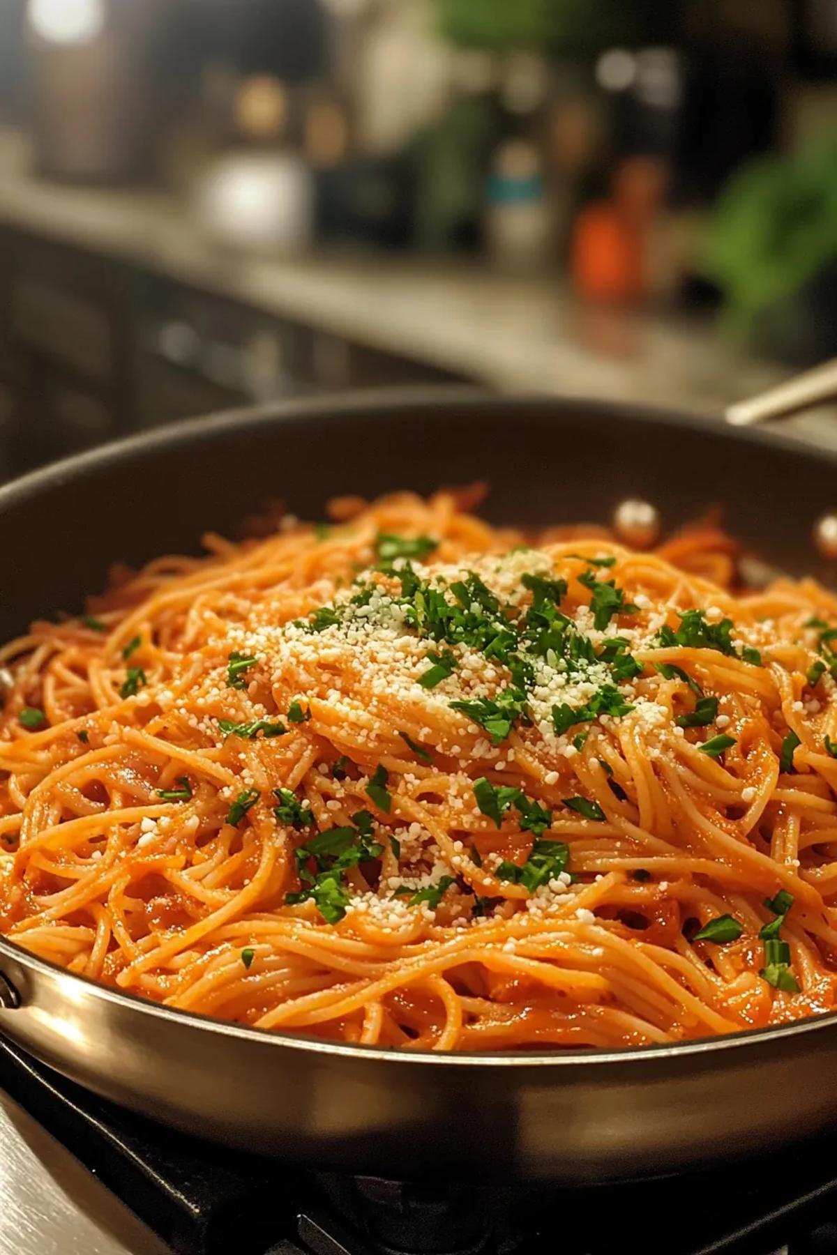 Vibrant one pan gochujang pasta with a rich, spicy sauce, garnished with fresh herbs and sesame seeds in a rustic pan. card
