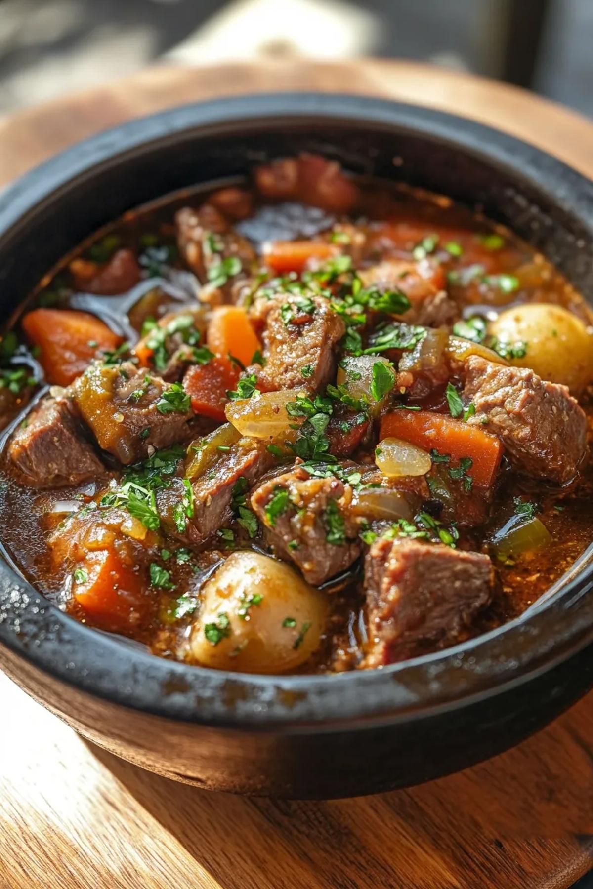 A steaming pot of beef stew with tender chunks of beef, carrots, potatoes, and a random surprise ingredient. card