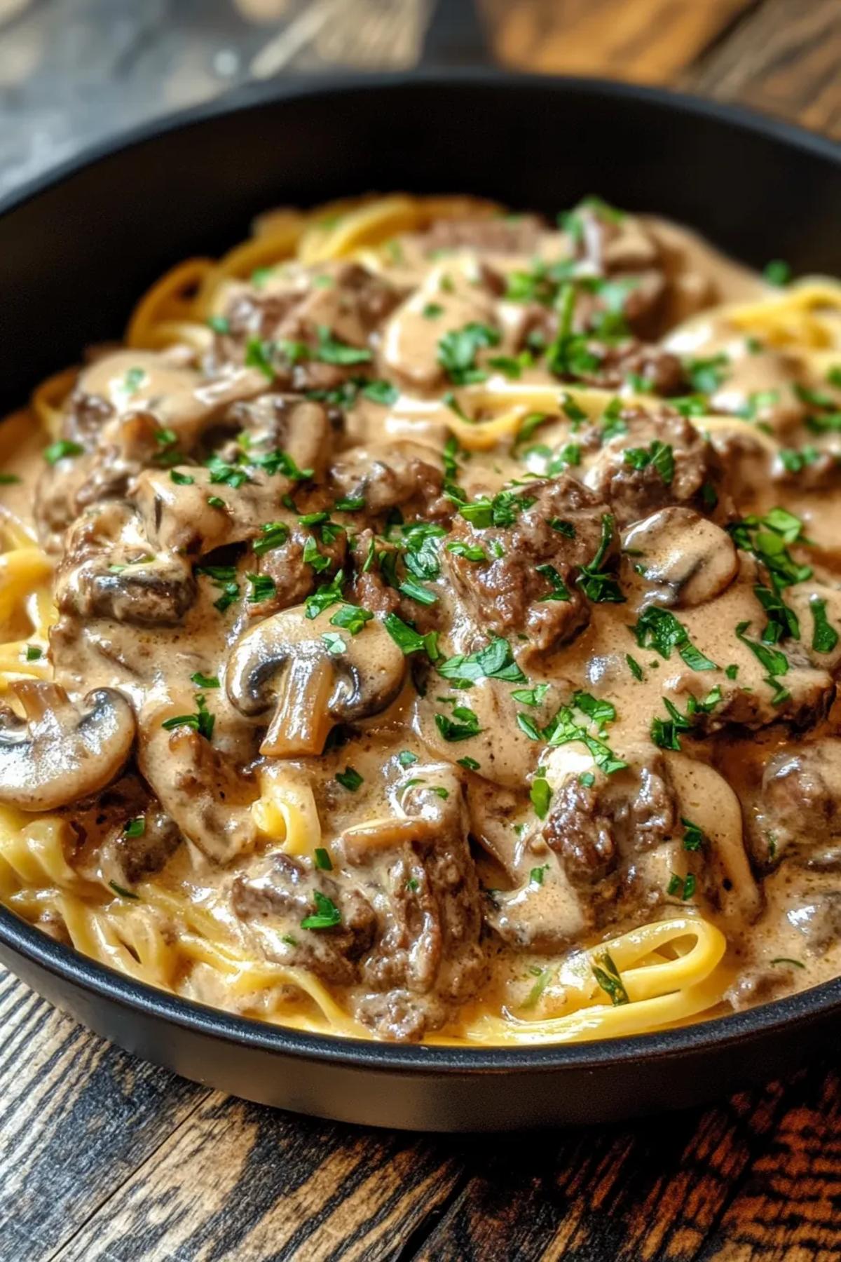 One-Pot Beef Stroganoff with Enoki Mushrooms