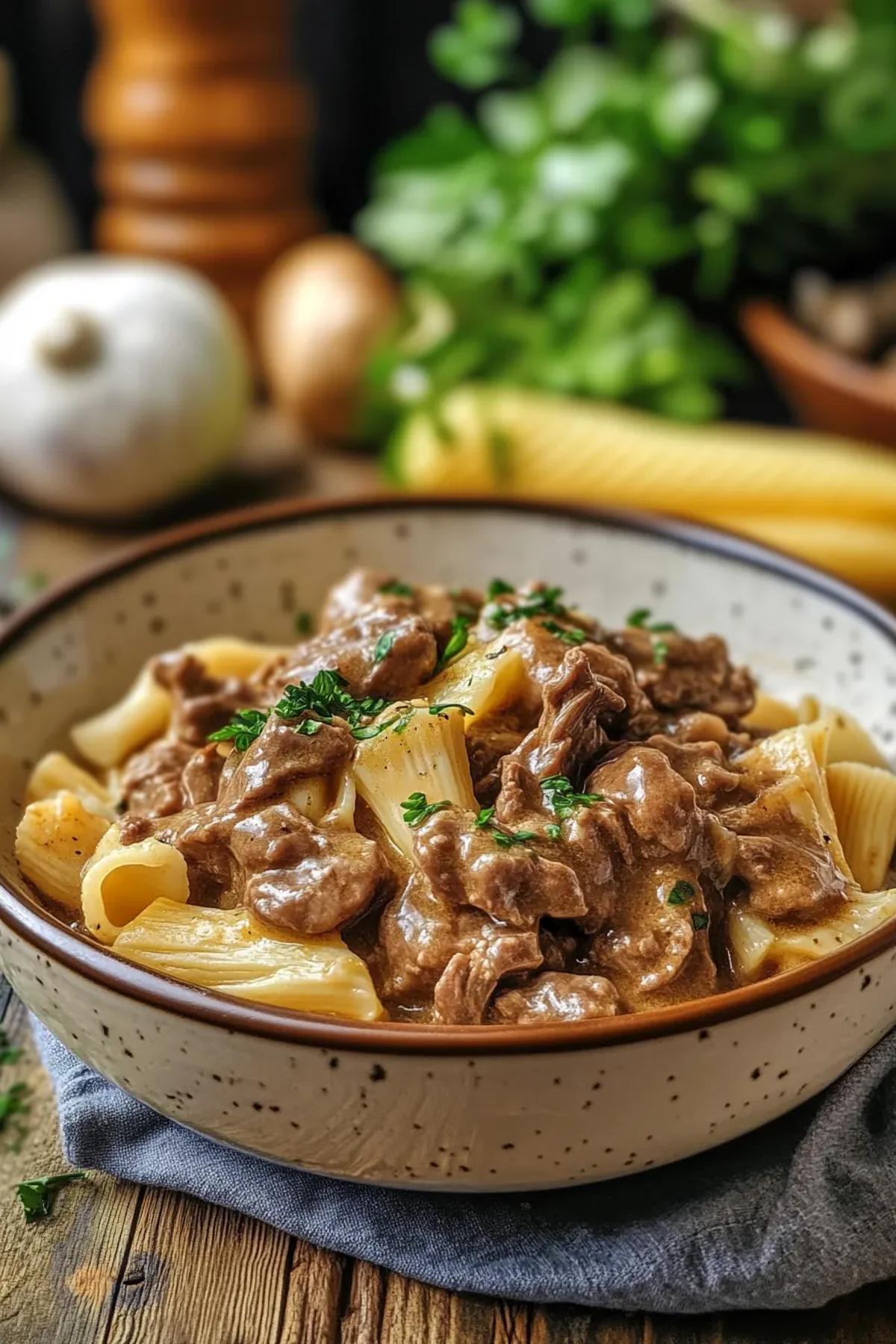 One-pot beef stroganoff with enoki mushrooms served in a rustic cast iron skillet. card