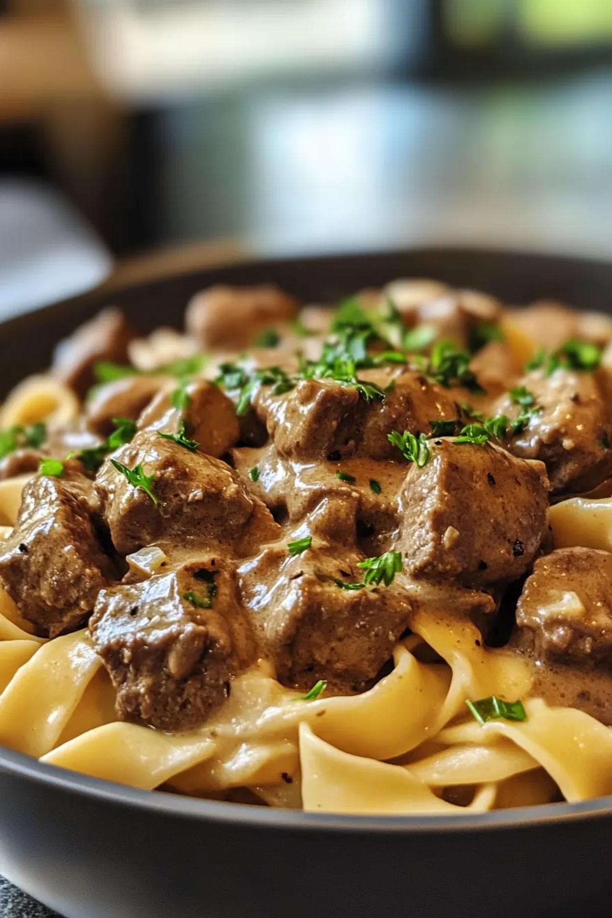 One-pot beef stroganoff with peas, mushrooms, and tender beef in a creamy sauce. card