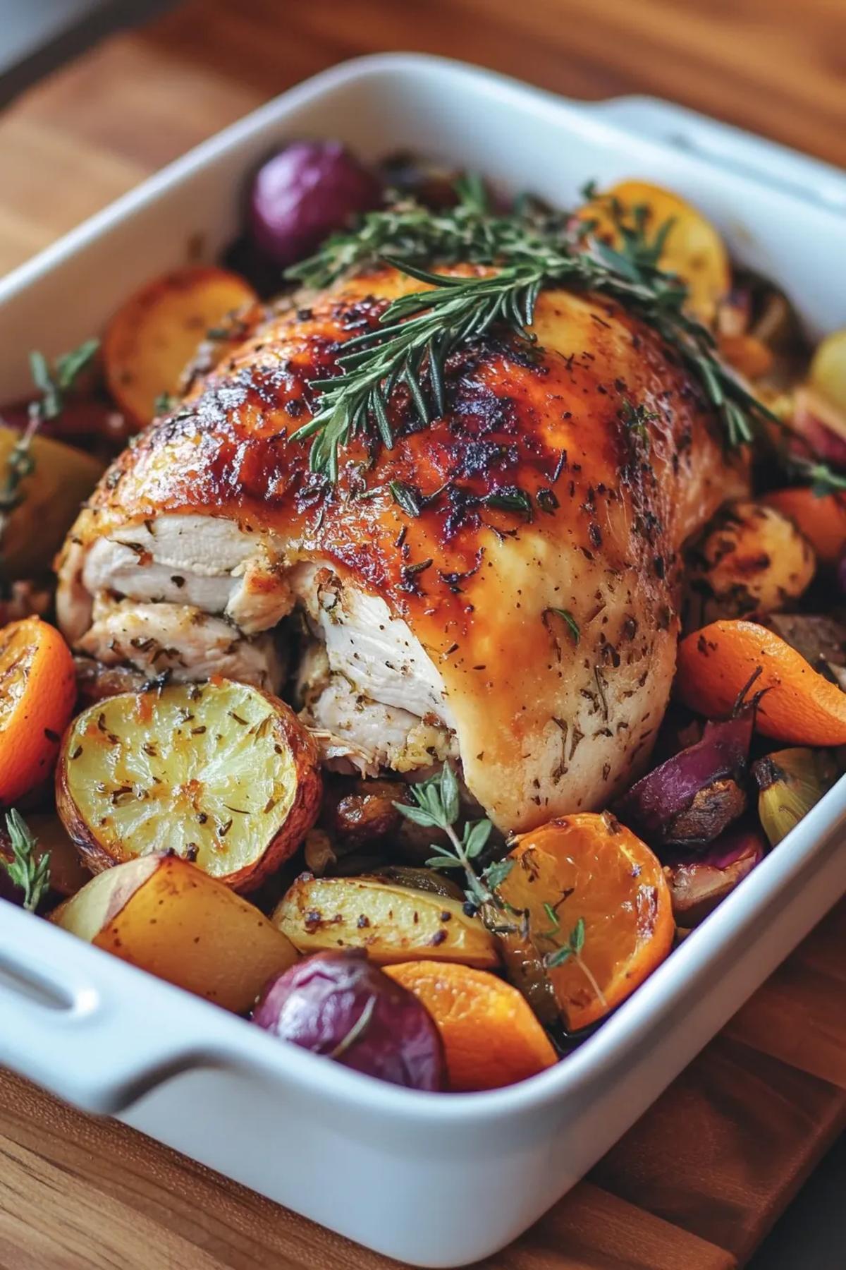 One-pot citrus herb turkey with root vegetables served in a rustic cast-iron pot. card
