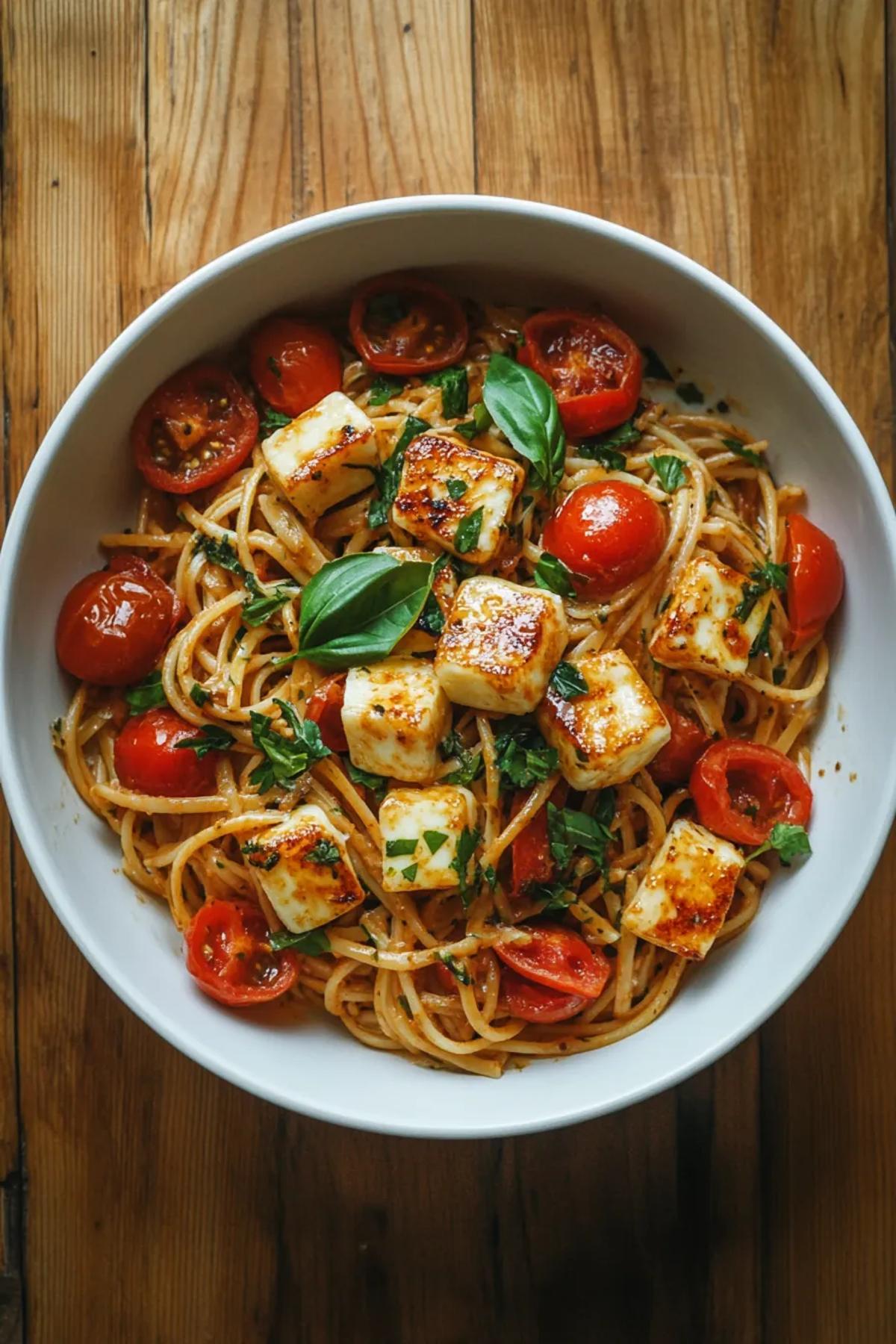 One pot halloumi and tomato pasta served in a rustic pan, with golden halloumi cubes and vibrant tomatoes, garnished with fresh basil leaves. card