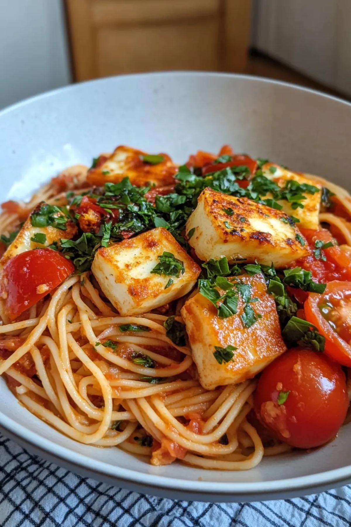 One pot halloumi and tomato pasta served in a rustic pan, with golden halloumi cubes and vibrant tomatoes, garnished with fresh basil leaves.