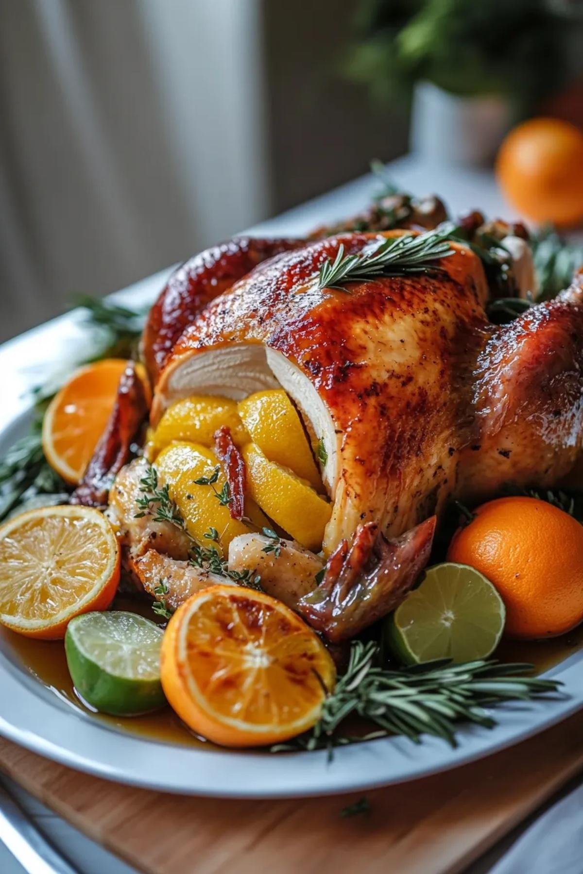 Tender turkey pieces coated in a honey-citrus glaze, garnished with orange slices, all in one pot. card