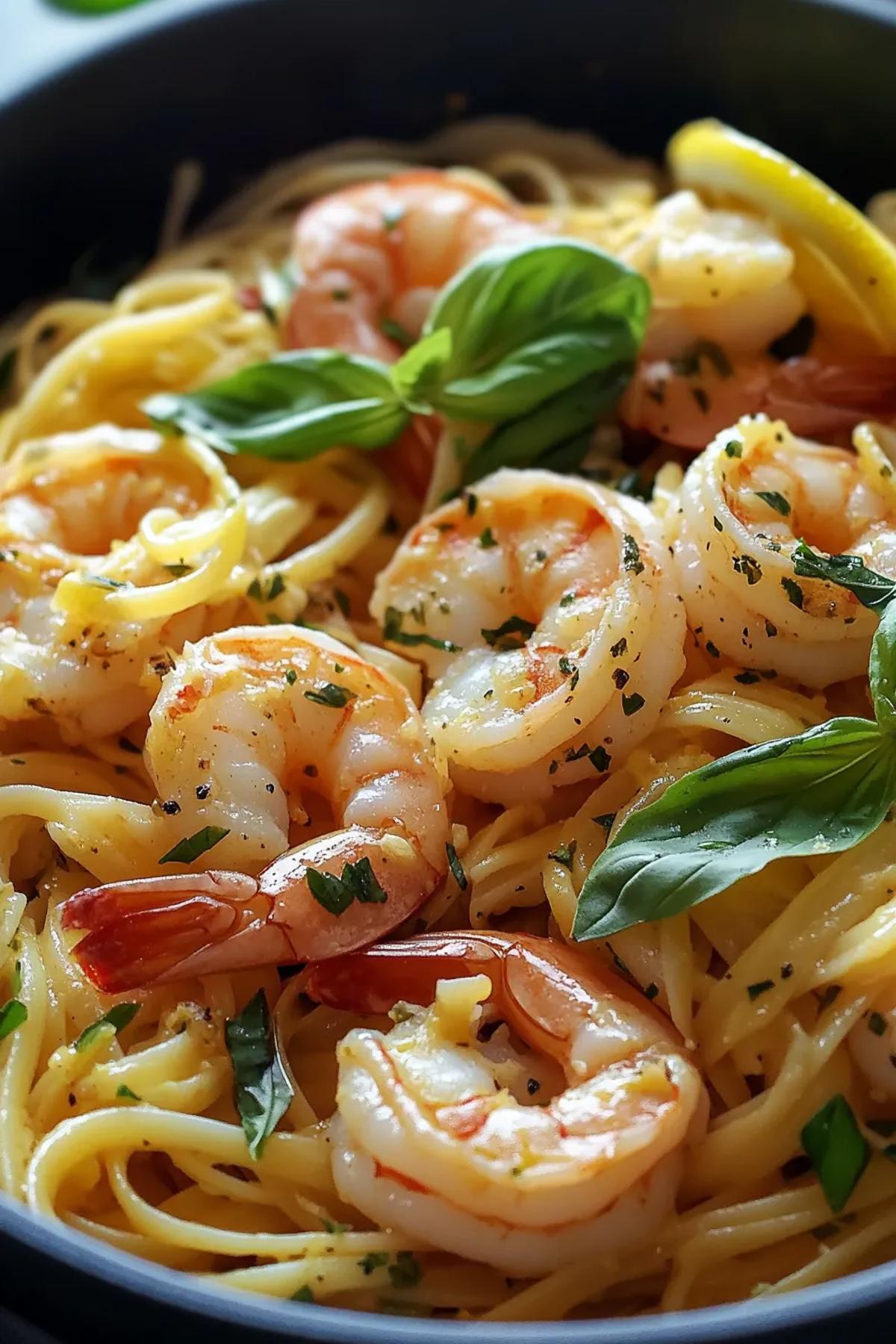 One-pot lemon basil shrimp pasta garnished with fresh basil leaves in a rustic pan. card