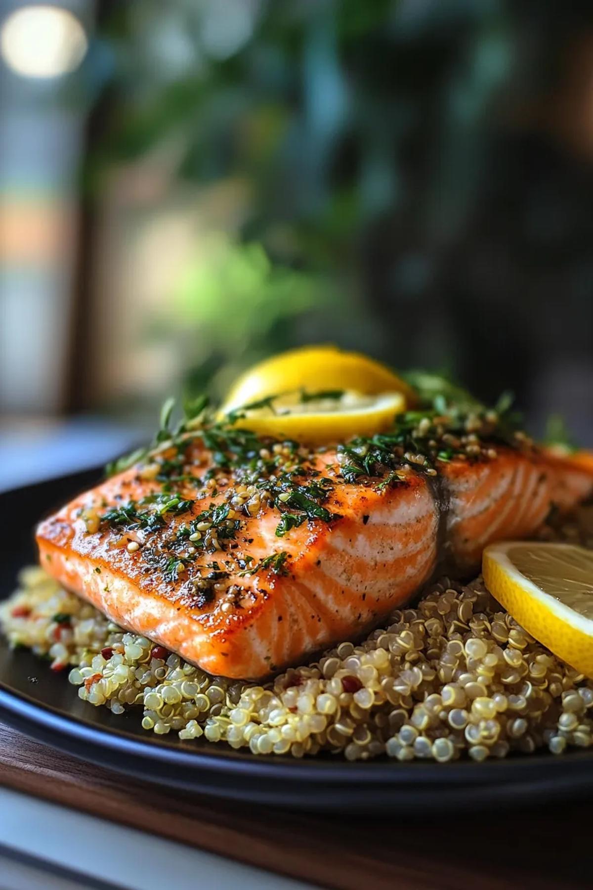A vibrant dish of lemon herb salmon with quinoa, garnished with fresh parsley in a single pot. card