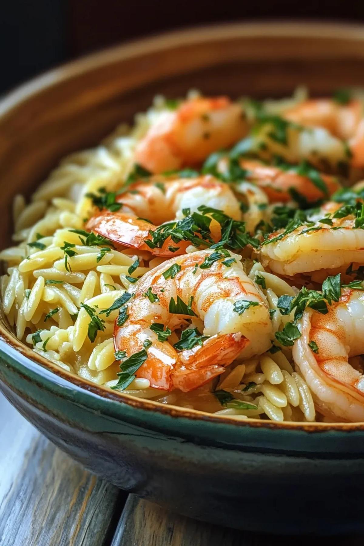 A steaming pot of lemon herb shrimp and orzo garnished with fresh parsley and lemon slices. card