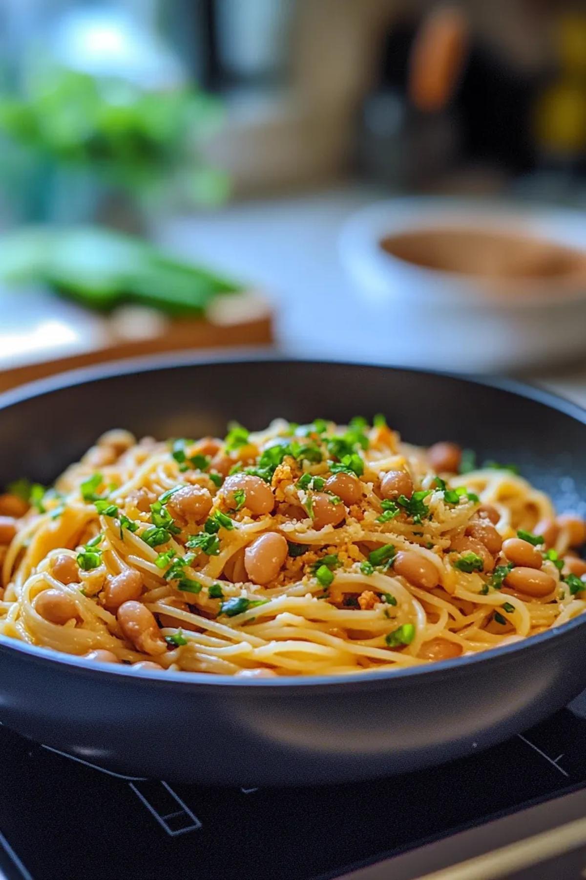 A bowl of one pot miso lemon pasta & beans garnished with fresh herbs, lemon zest, and a hint of parmesan, artfully plated on a rustic table. card