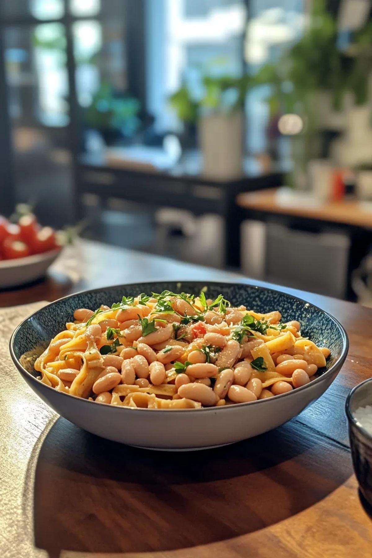 A bowl of one pot miso lemon pasta & beans garnished with fresh herbs, lemon zest, and a hint of parmesan, artfully plated on a rustic table.