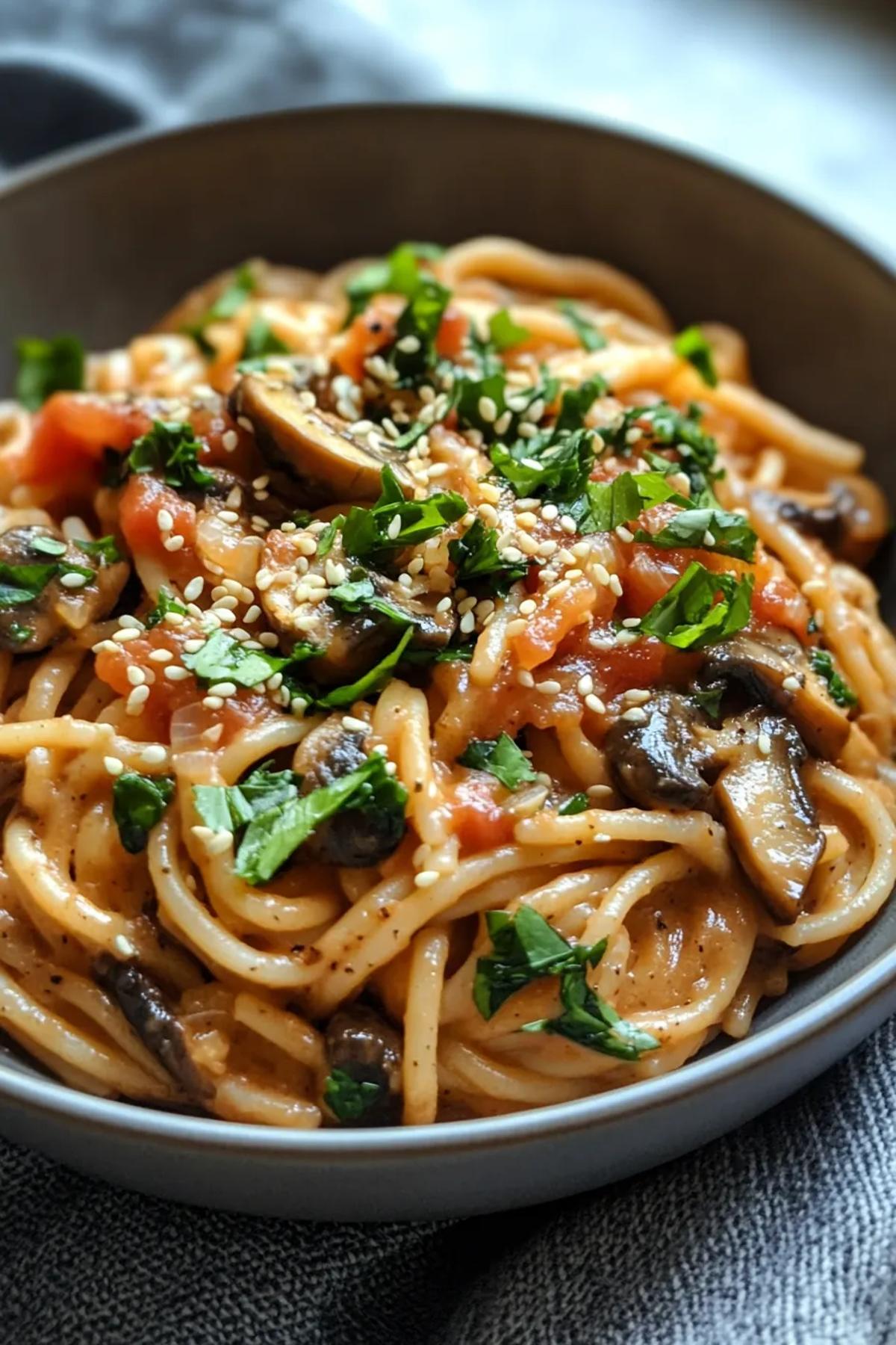 A steaming bowl of one pot miso mushroom pasta, with tender mushrooms nestled among al dente pasta, garnished with fresh scallions and a hint of miso. card