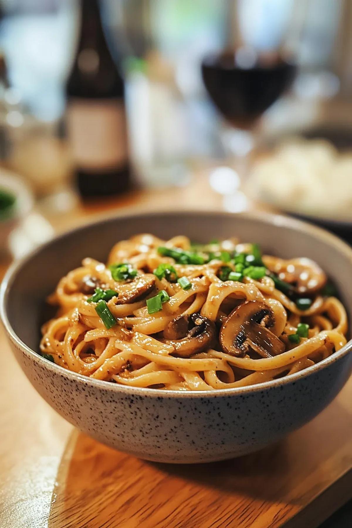 A steaming bowl of one pot miso mushroom pasta, with tender mushrooms nestled among al dente pasta, garnished with fresh scallions and a hint of miso.