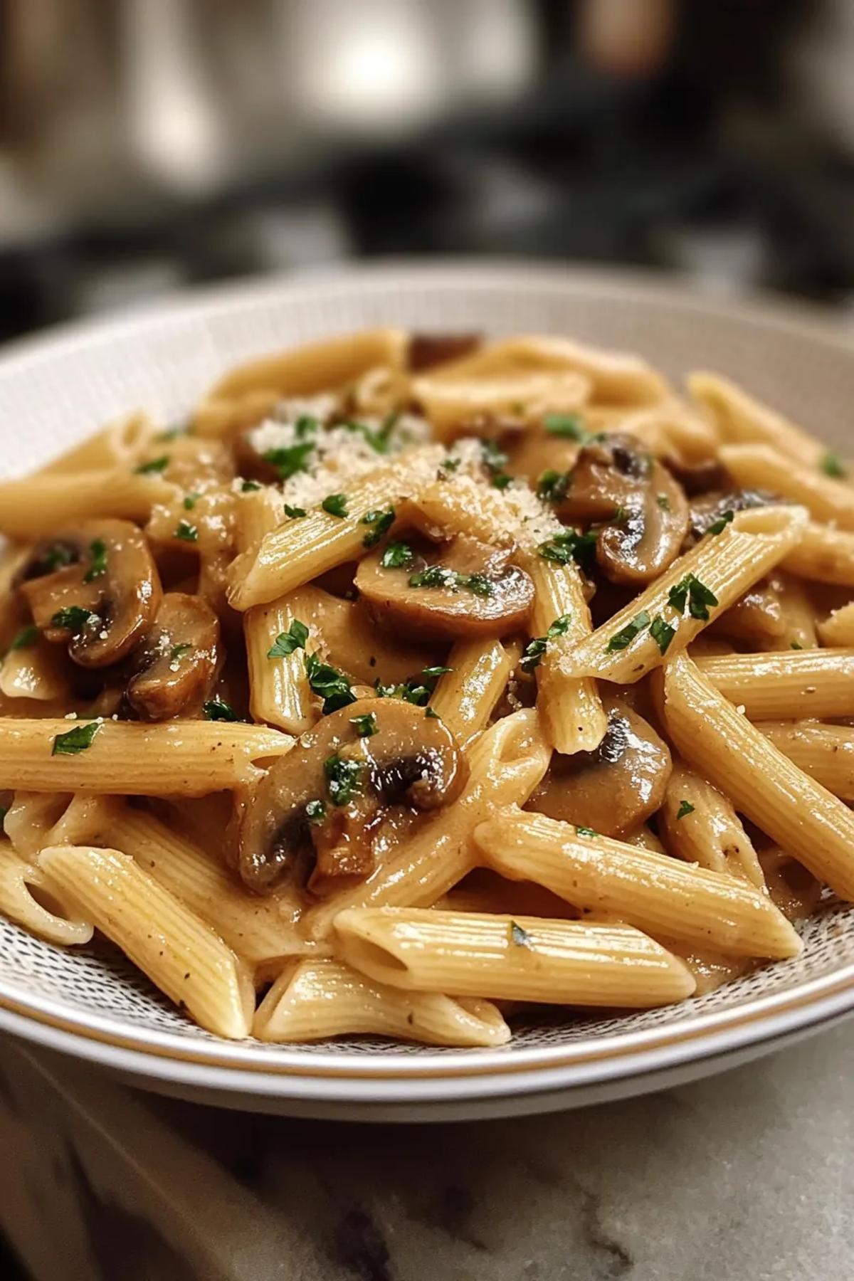 A delicious bowl of one pot mushroom pasta no cream, featuring al dente pasta intertwined with sautéed mushrooms, fresh herbs, and a sprinkle of parmesan, served in a rustic bowl.