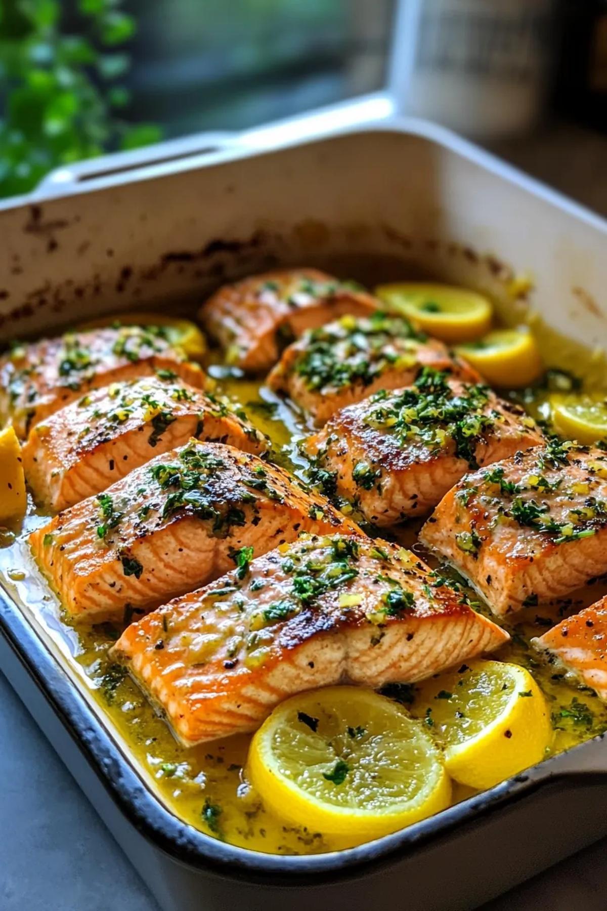 One pot salmon dish with citrus slices and fresh herbs in a cast iron skillet. card