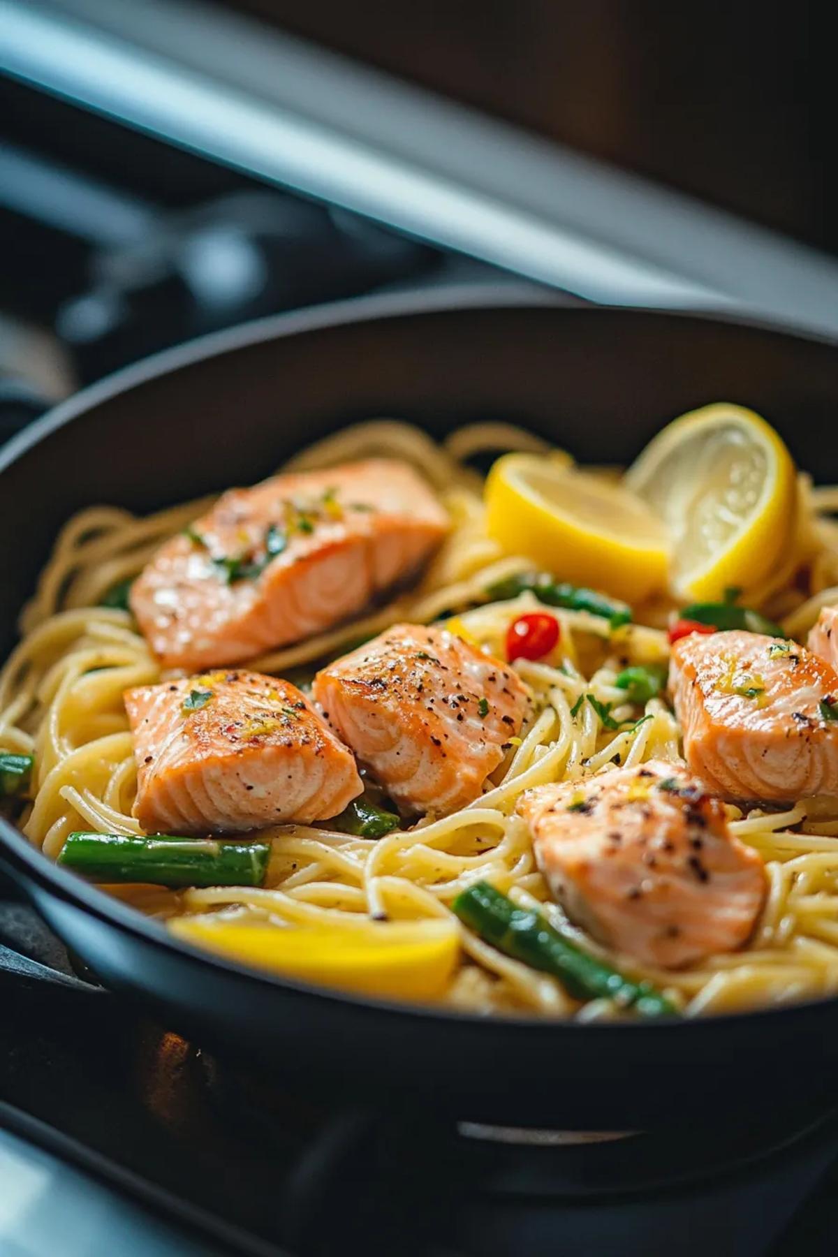 Vibrant one pot salmon pasta with lemon and asparagus, garnished with fresh herbs. card