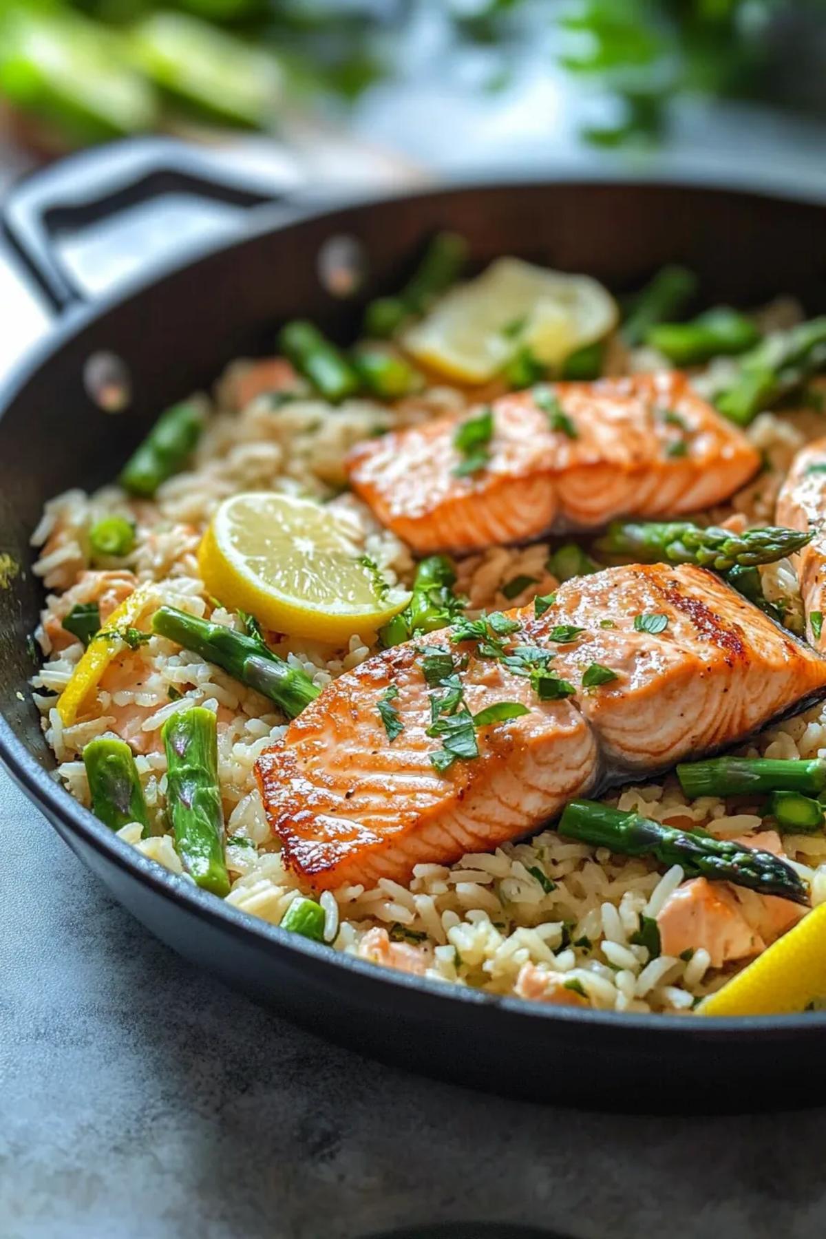 One Pot Salmon and Rice with Asparagus and Lemon
