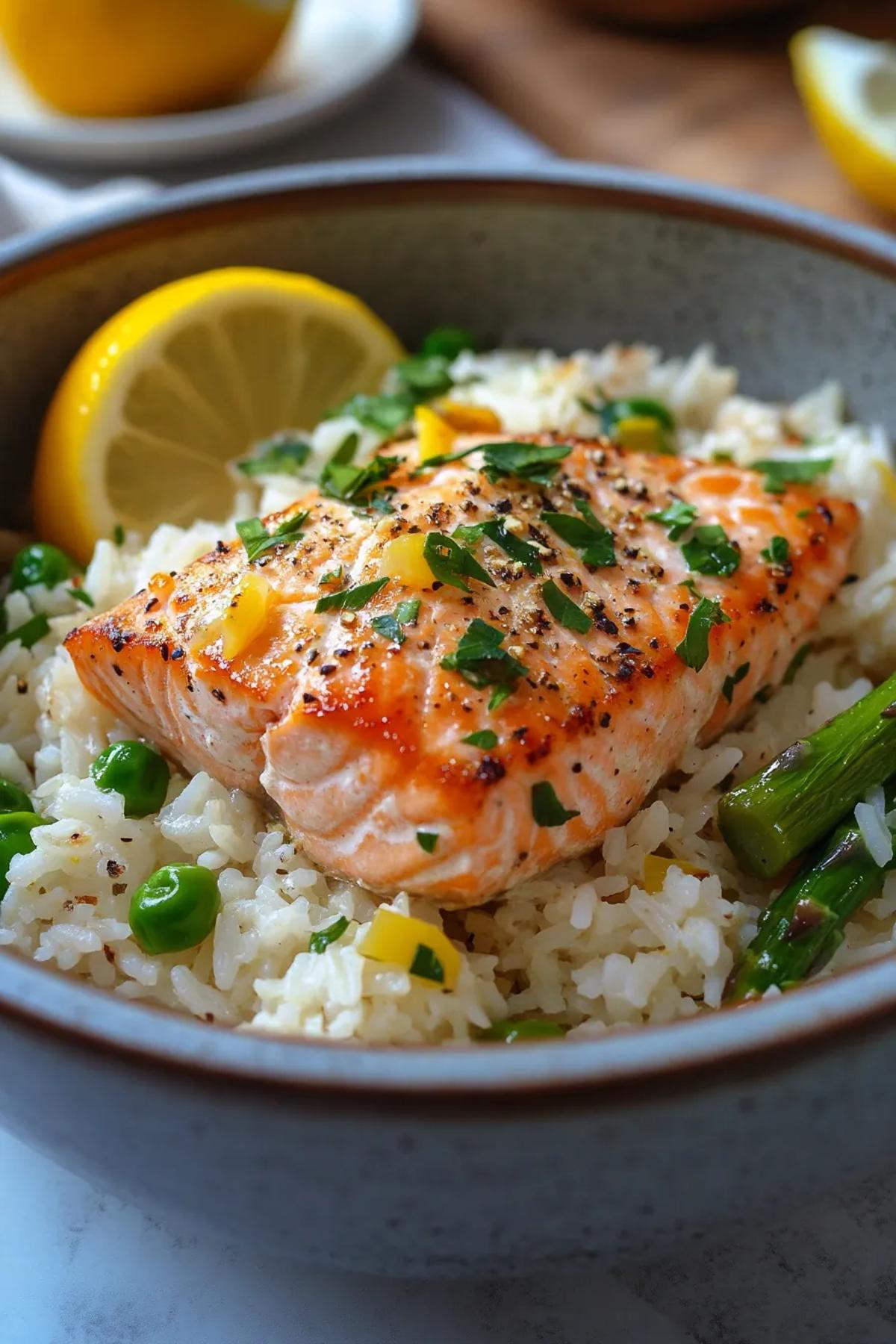 One pot salmon and rice with vibrant asparagus and lemon slices in a rustic pan. card