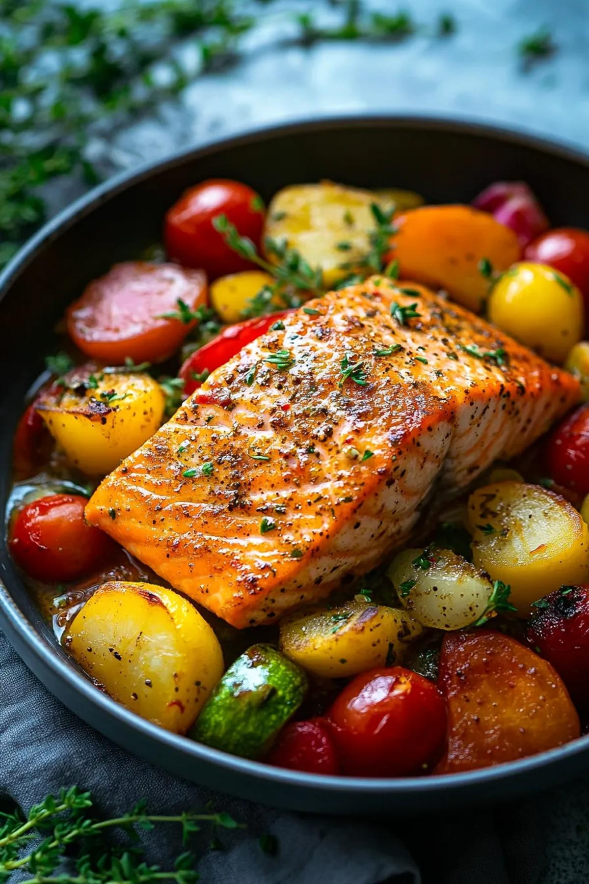 One pot salmon surrounded by vibrant seasonal vegetables in a rustic pan. card