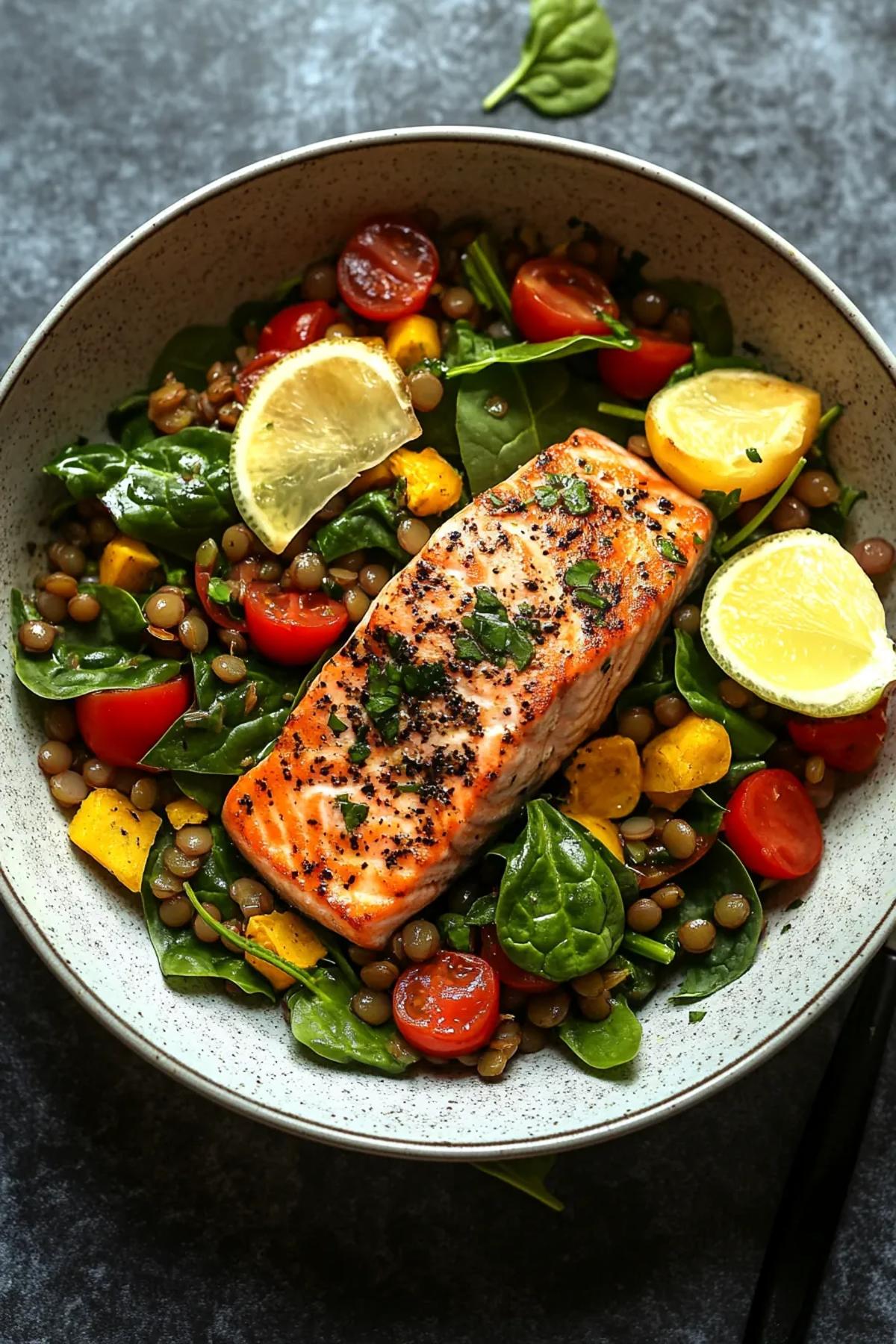 A vibrant dish featuring pan-seared salmon atop a bed of lentils and spinach, garnished with lemon slices and fresh herbs. card