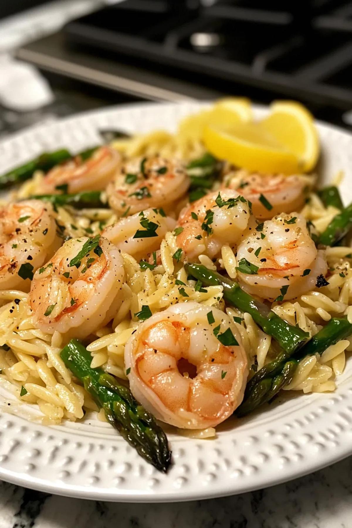 A vibrant one-pot shrimp scampi orzo with lemon slices and asparagus spears garnished with parsley. card